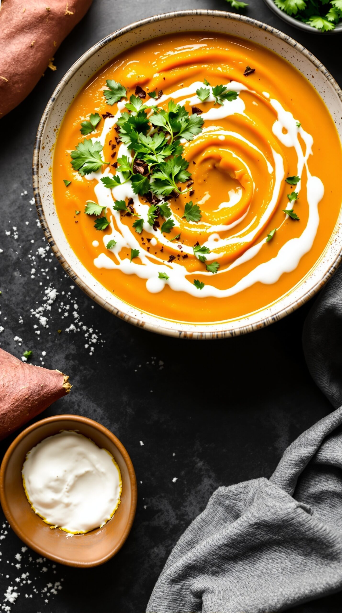 A bowl of creamy sweet potato and coconut soup topped with cilantro and coconut cream, with sweet potatoes and yogurt on the side.