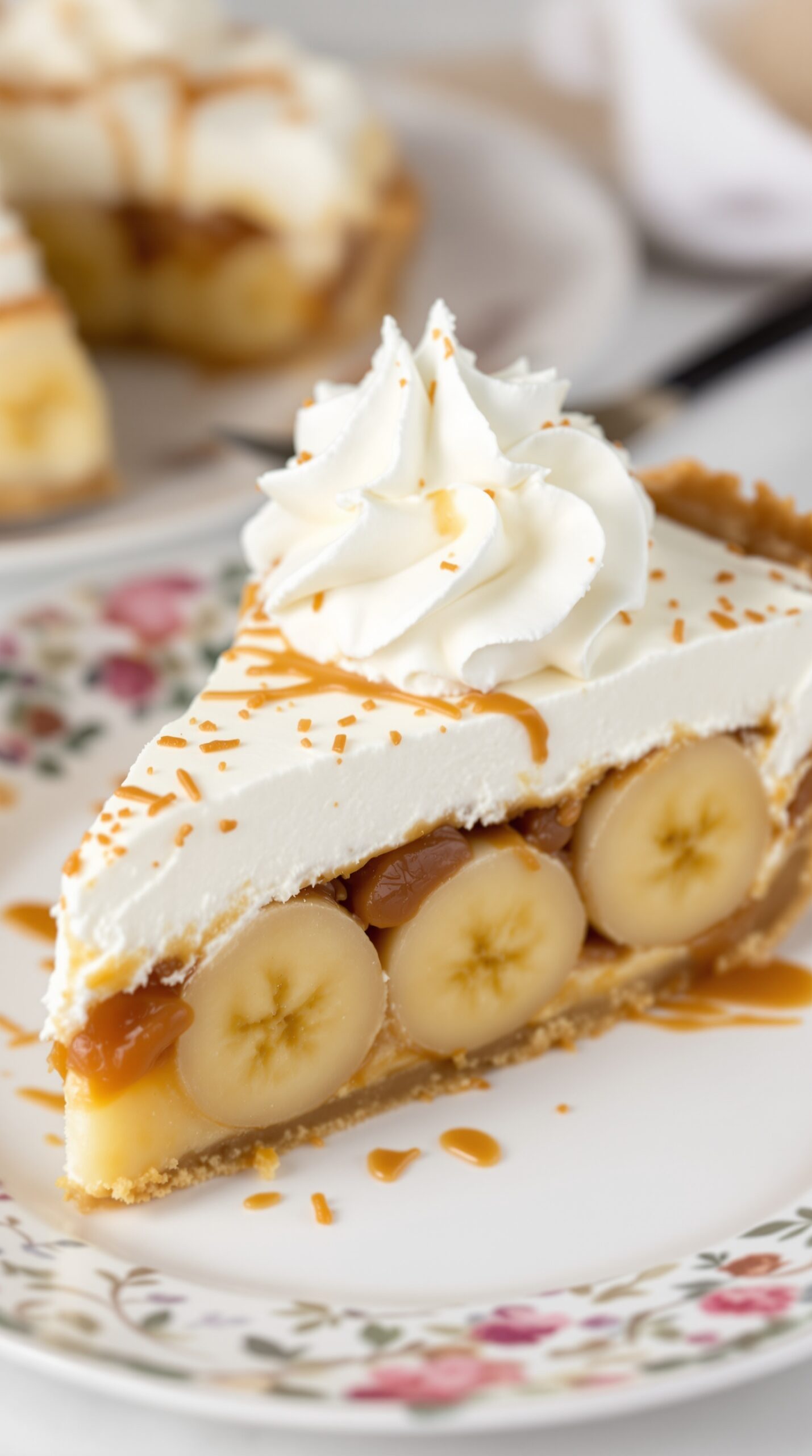 A slice of banoffee pie topped with whipped cream and caramel sauce, showcasing layers of bananas and toffee.