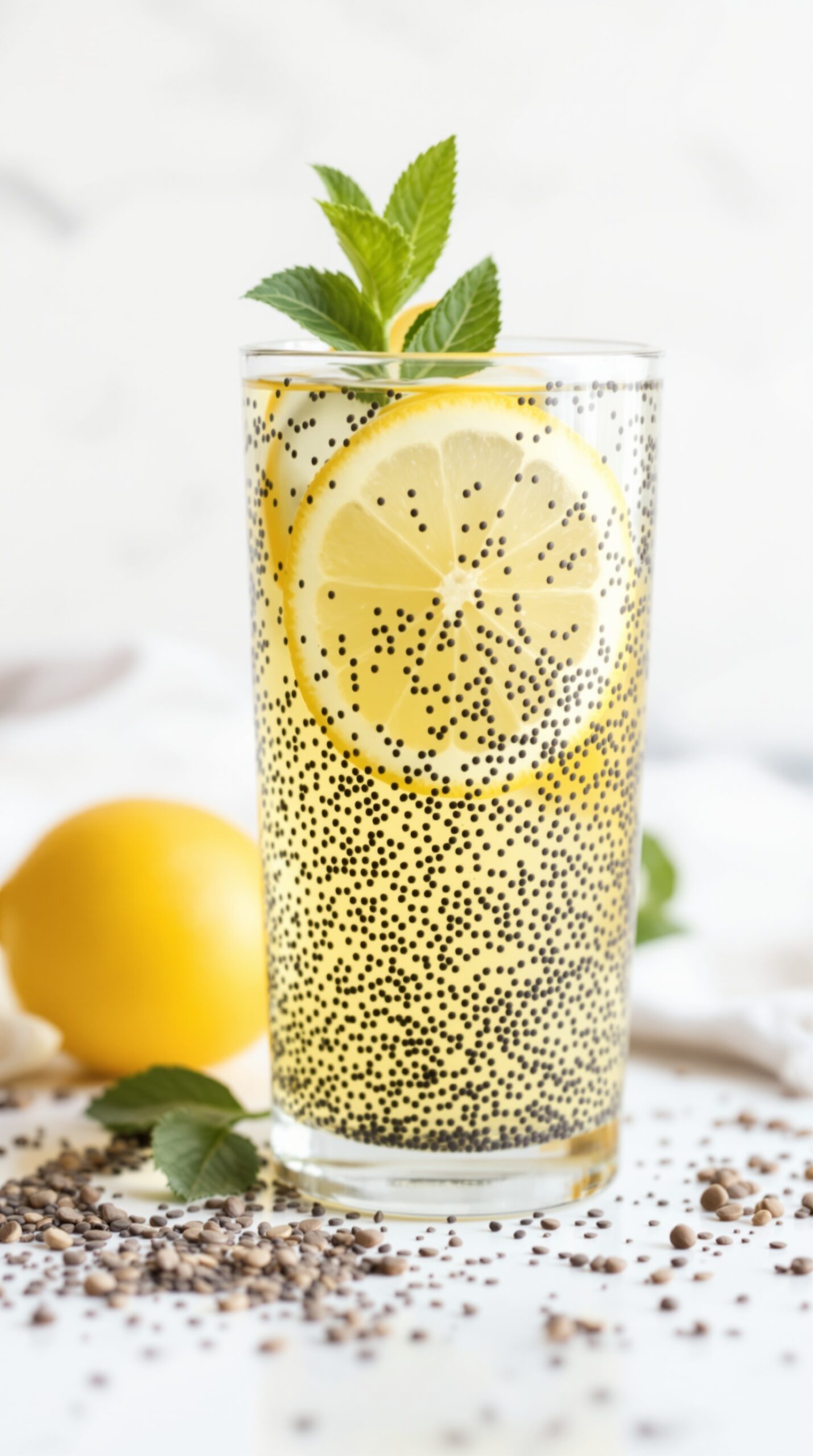 A refreshing chia seed lemon detox drink with lemon slices and mint leaves in a glass.