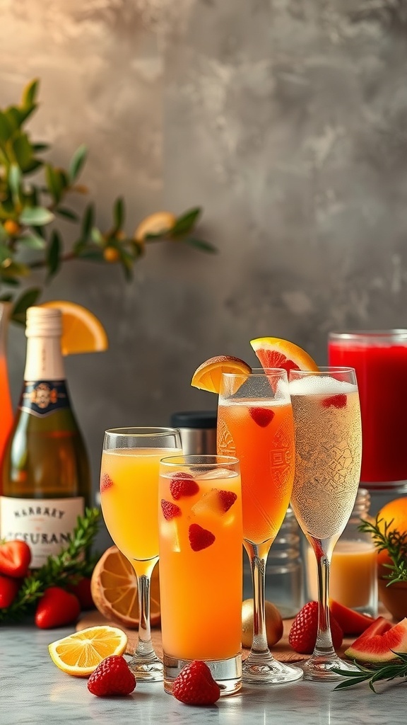 A colorful display of various mimosas with fresh fruits and juices for a brunch setting.