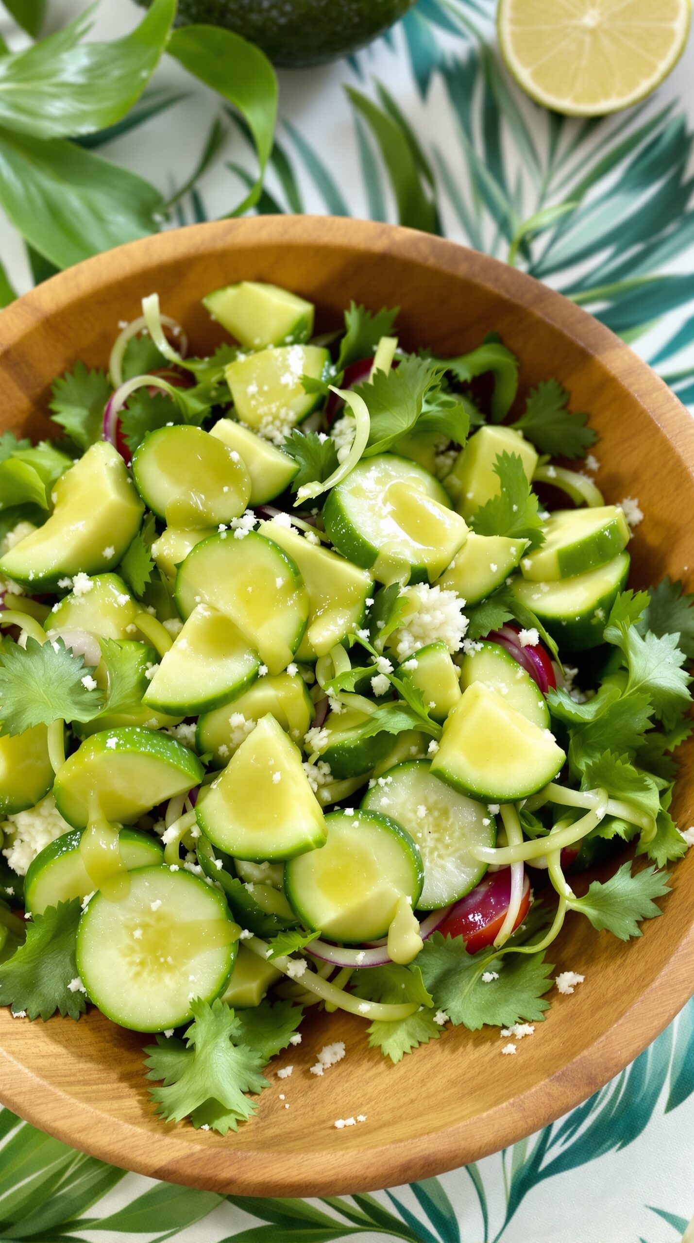 A vibrant cucumber and avocado salad with lime dressing in a wooden bowl.