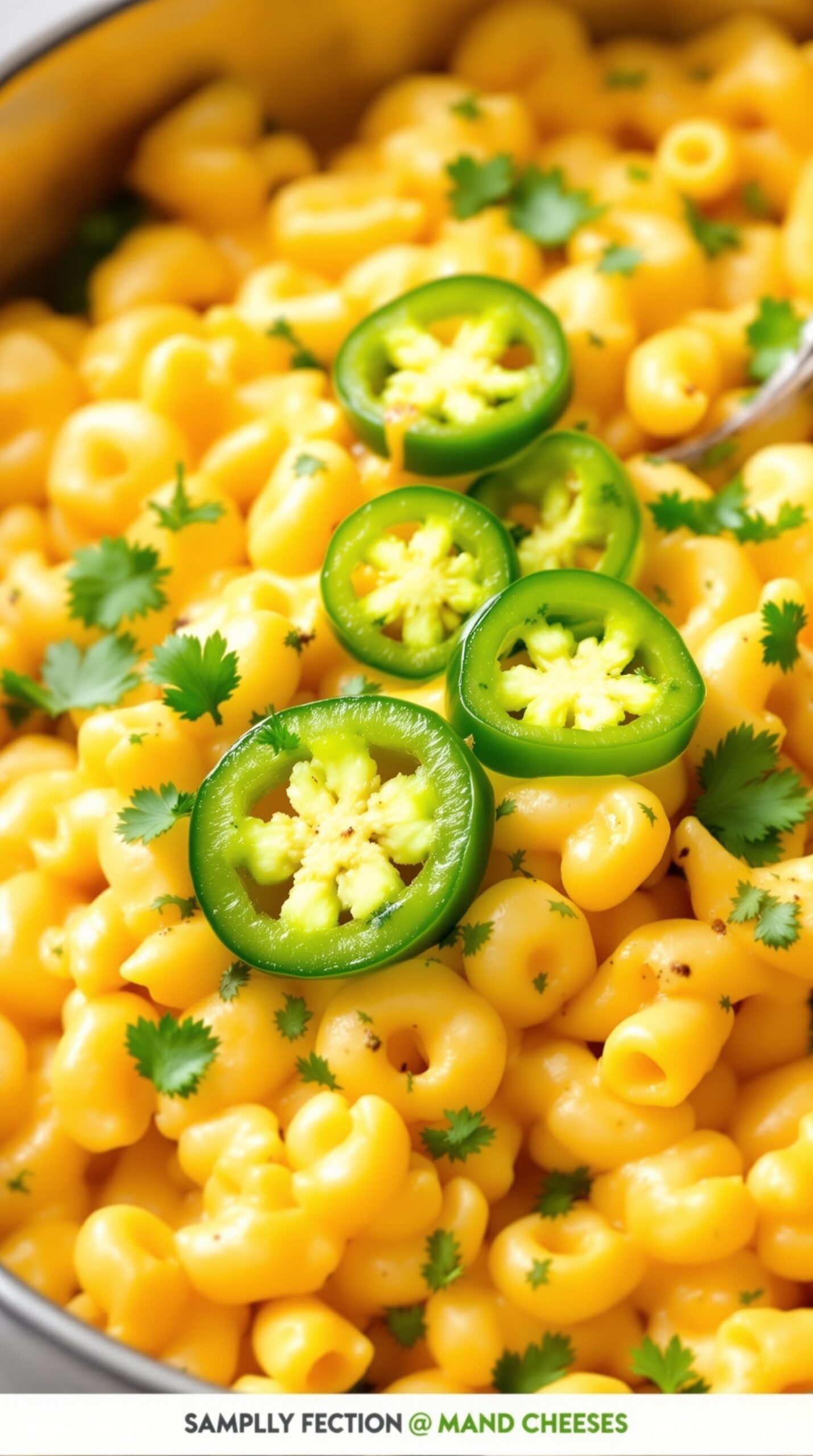 A bowl of spicy jalapeño mac and cheese topped with fresh jalapeño slices and cilantro.