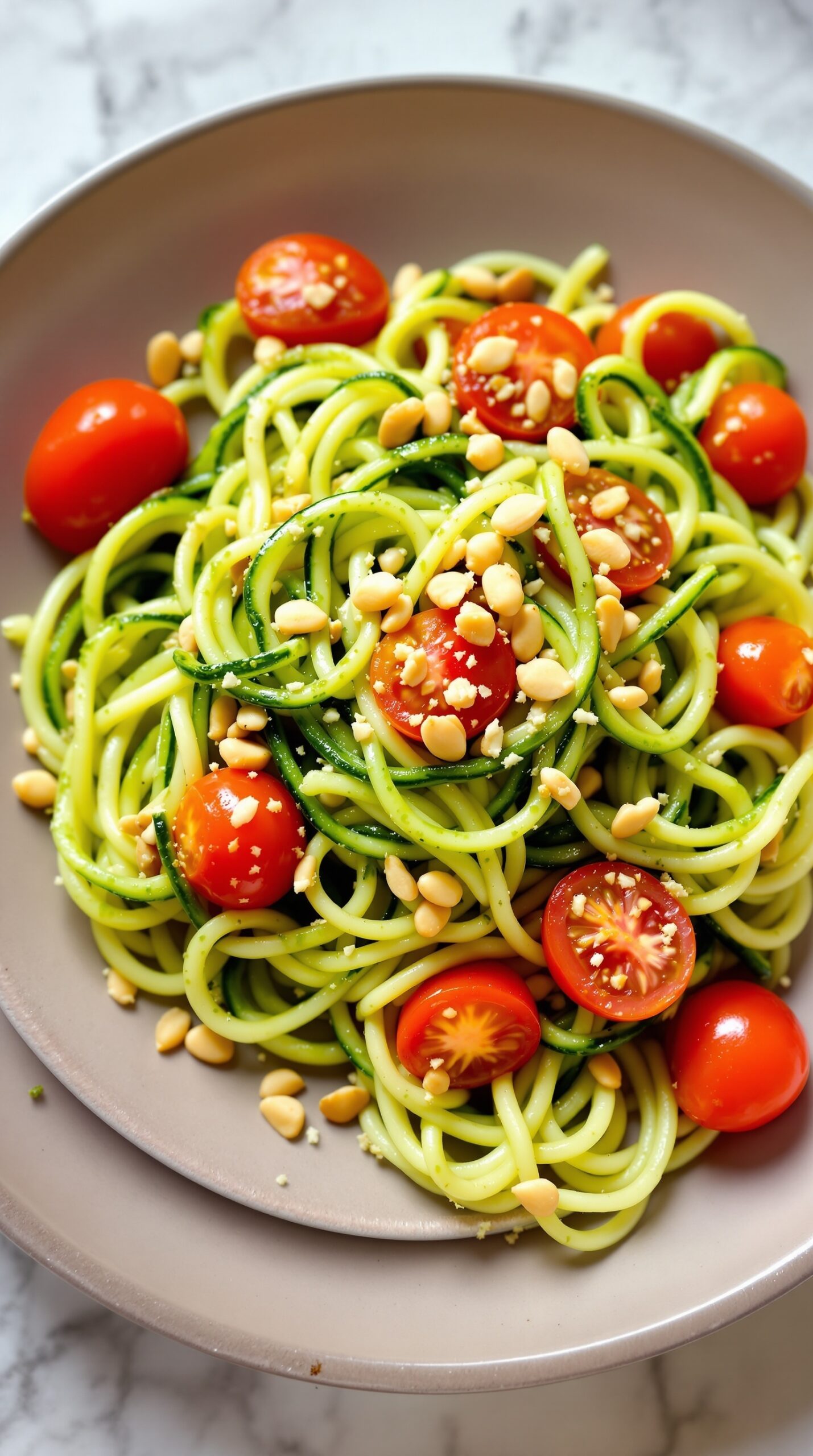 A plate of zucchini noodles with pesto, cherry tomatoes, and pine nuts.