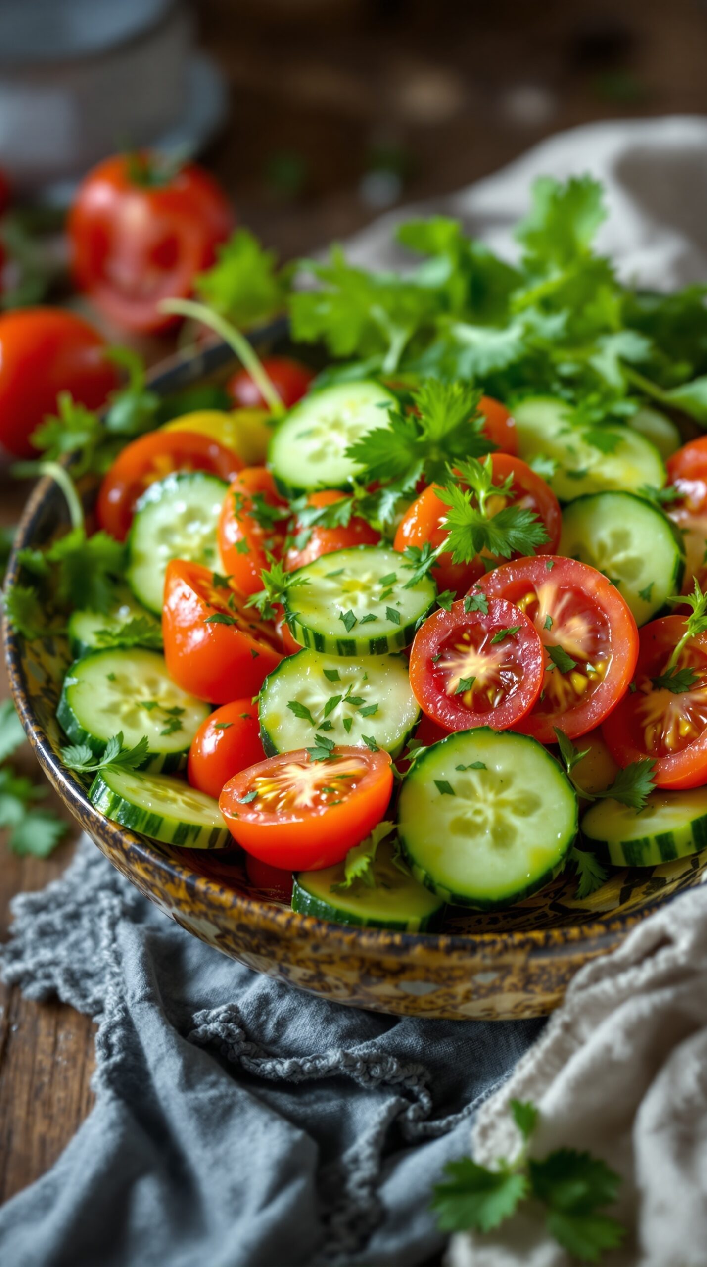 A bowl of cucumber and tomato salad with fresh cilantro