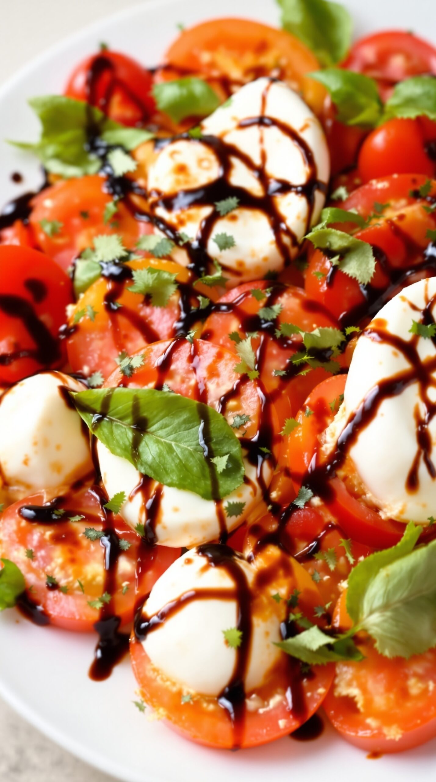 A vibrant Caprese salad with tomatoes, mozzarella, basil, and balsamic glaze.