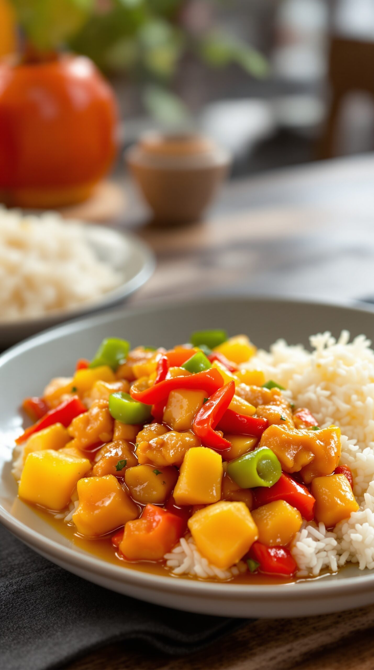 A plate of sweet and sour chicken with colorful peppers and pineapple served over rice.
