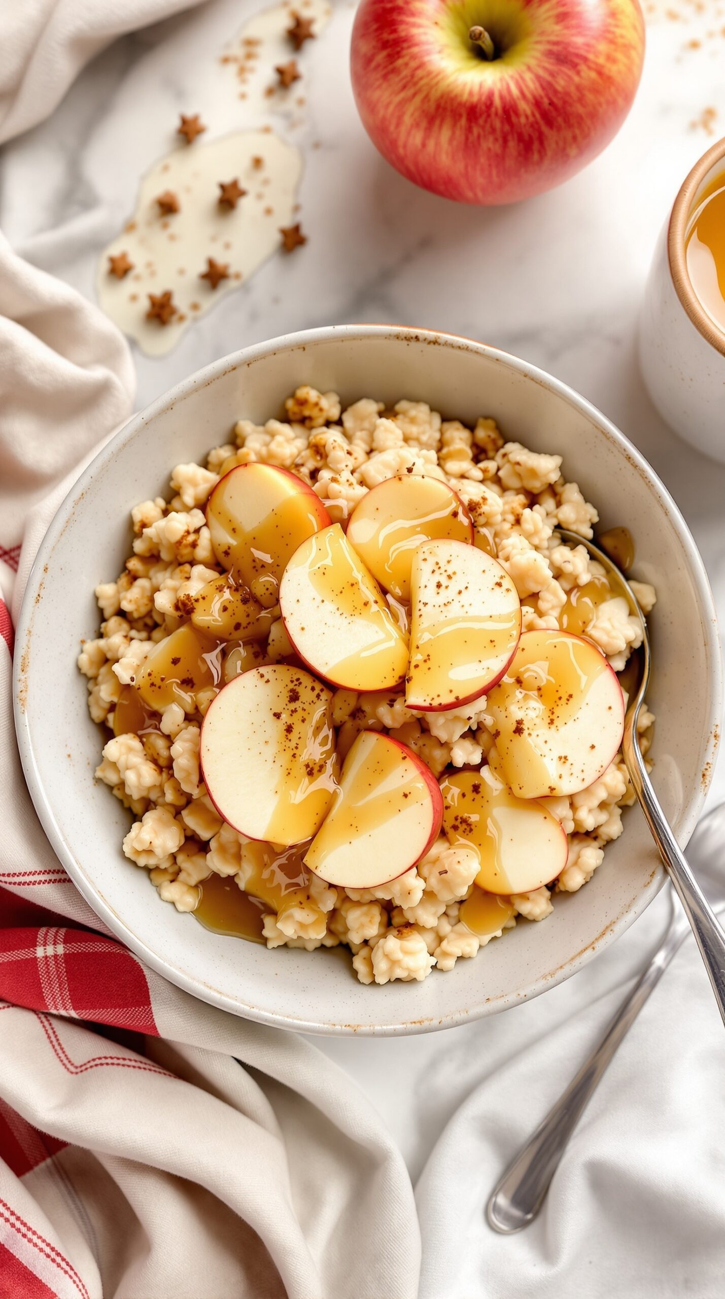 A bowl of apple cinnamon oatmeal topped with apple slices and syrup, with an apple and a cup of liquid beside it.