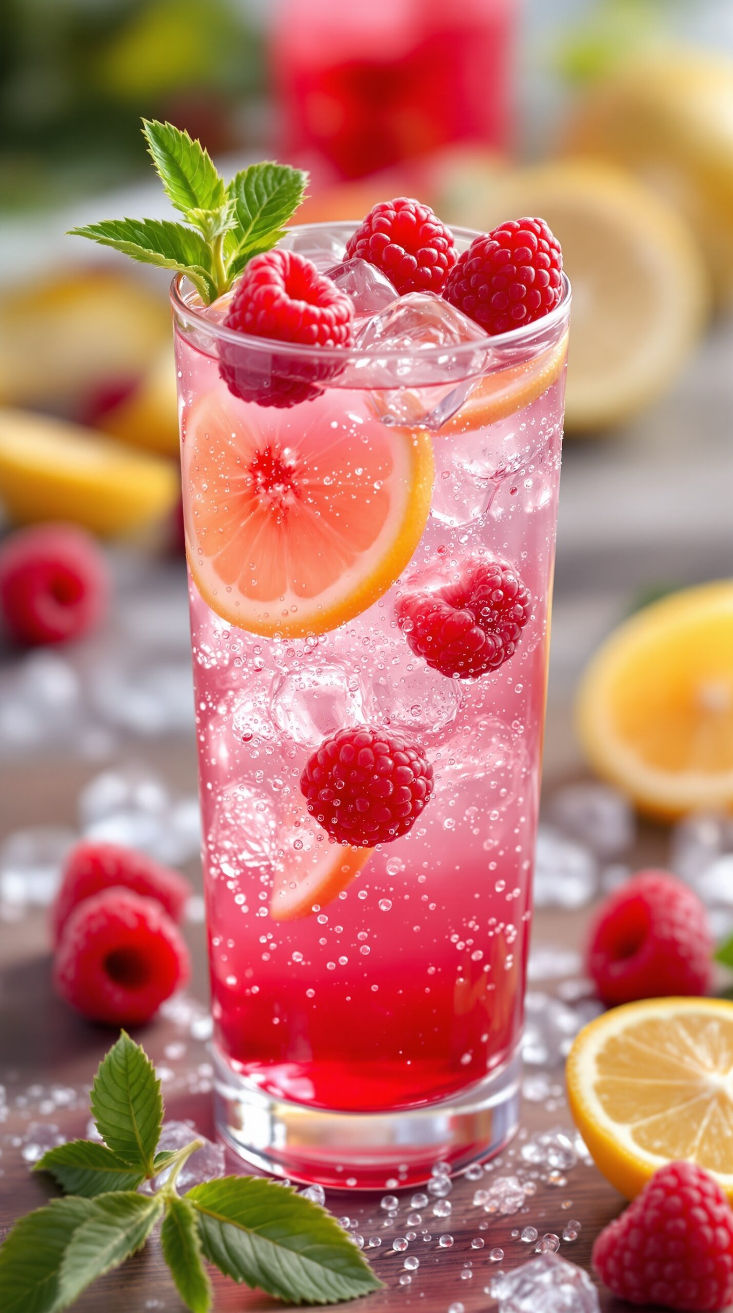 A refreshing Raspberry Lemonade Sparkler drink with raspberries and lemon slices
