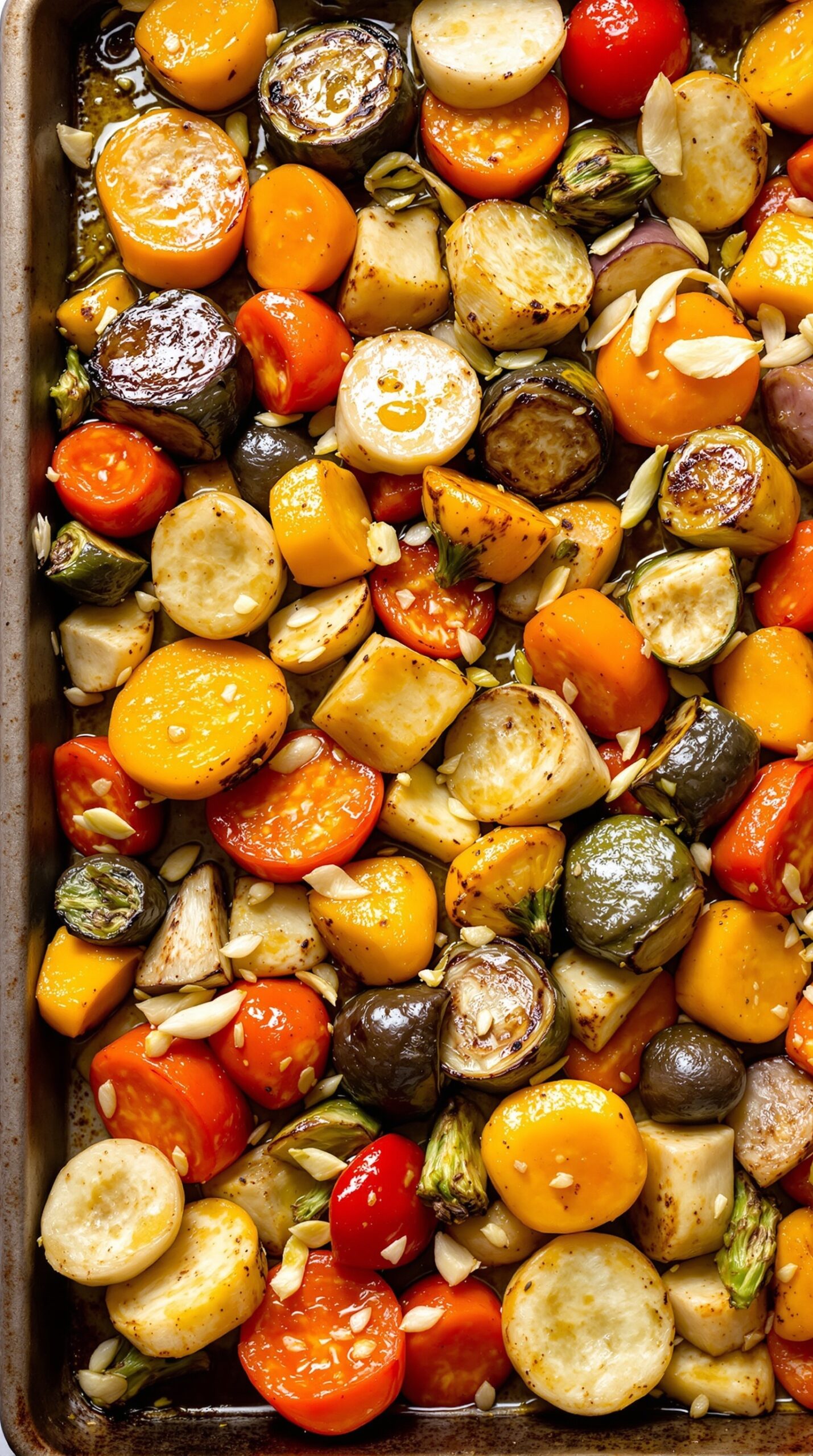 A tray of colorful roasted vegetables with olive oil and garlic.