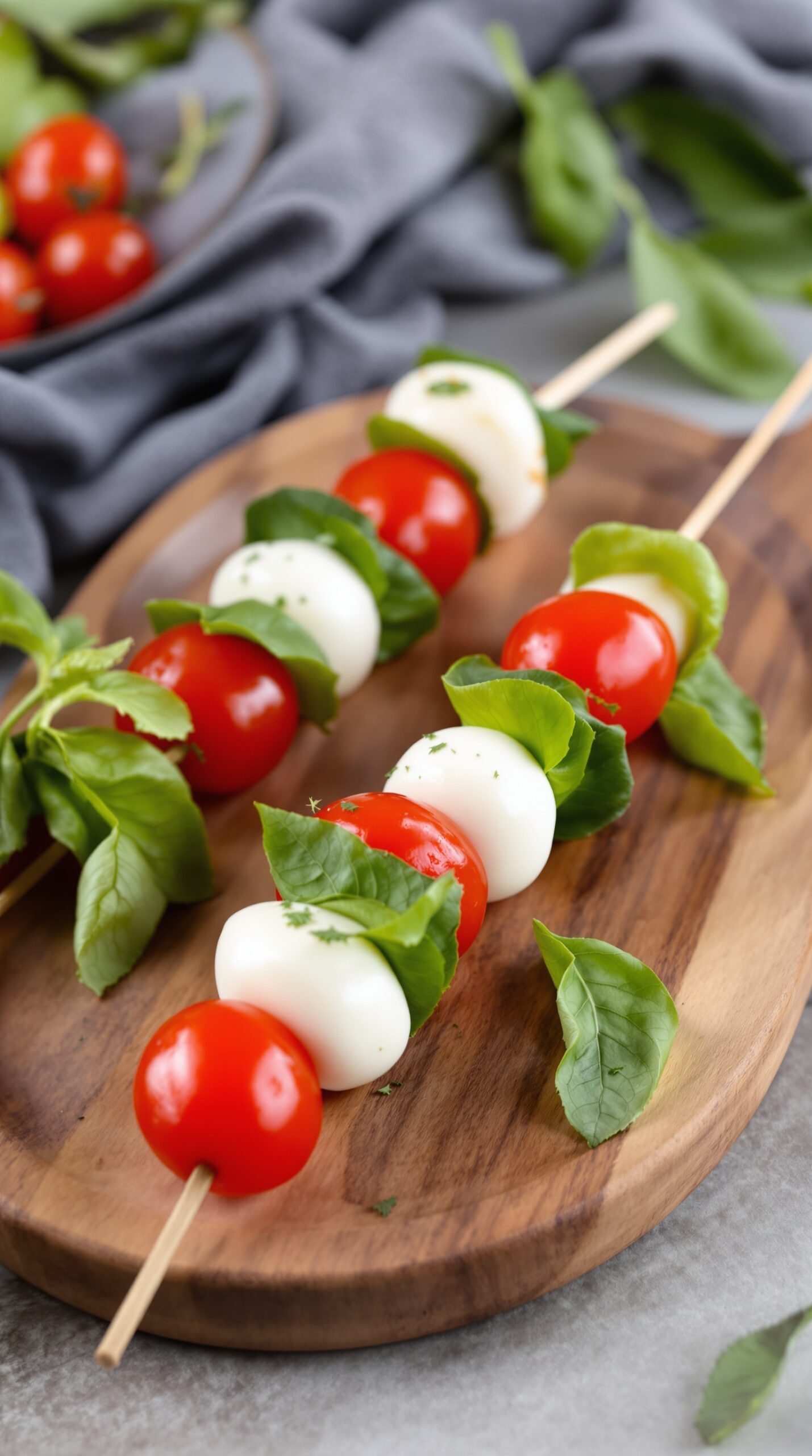 Mini Caprese skewers with cherry tomatoes, mozzarella balls, and basil on a wooden platter.
