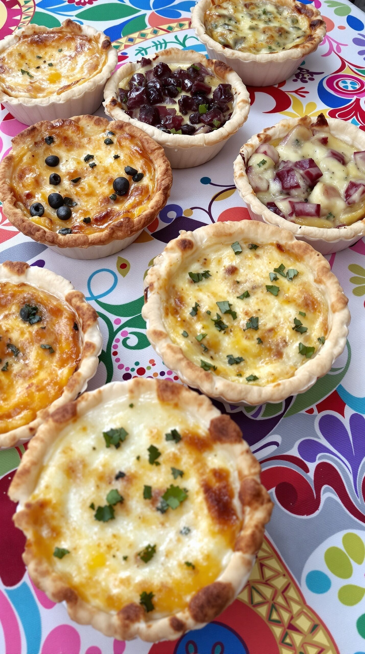 A colorful display of mini quiches with various fillings on a vibrant tablecloth.
