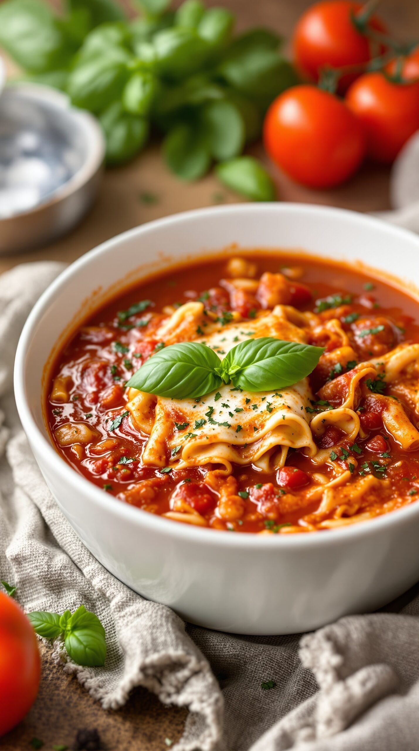 A bowl of lasagna soup with a rich tomato base, topped with fresh basil and cheese.