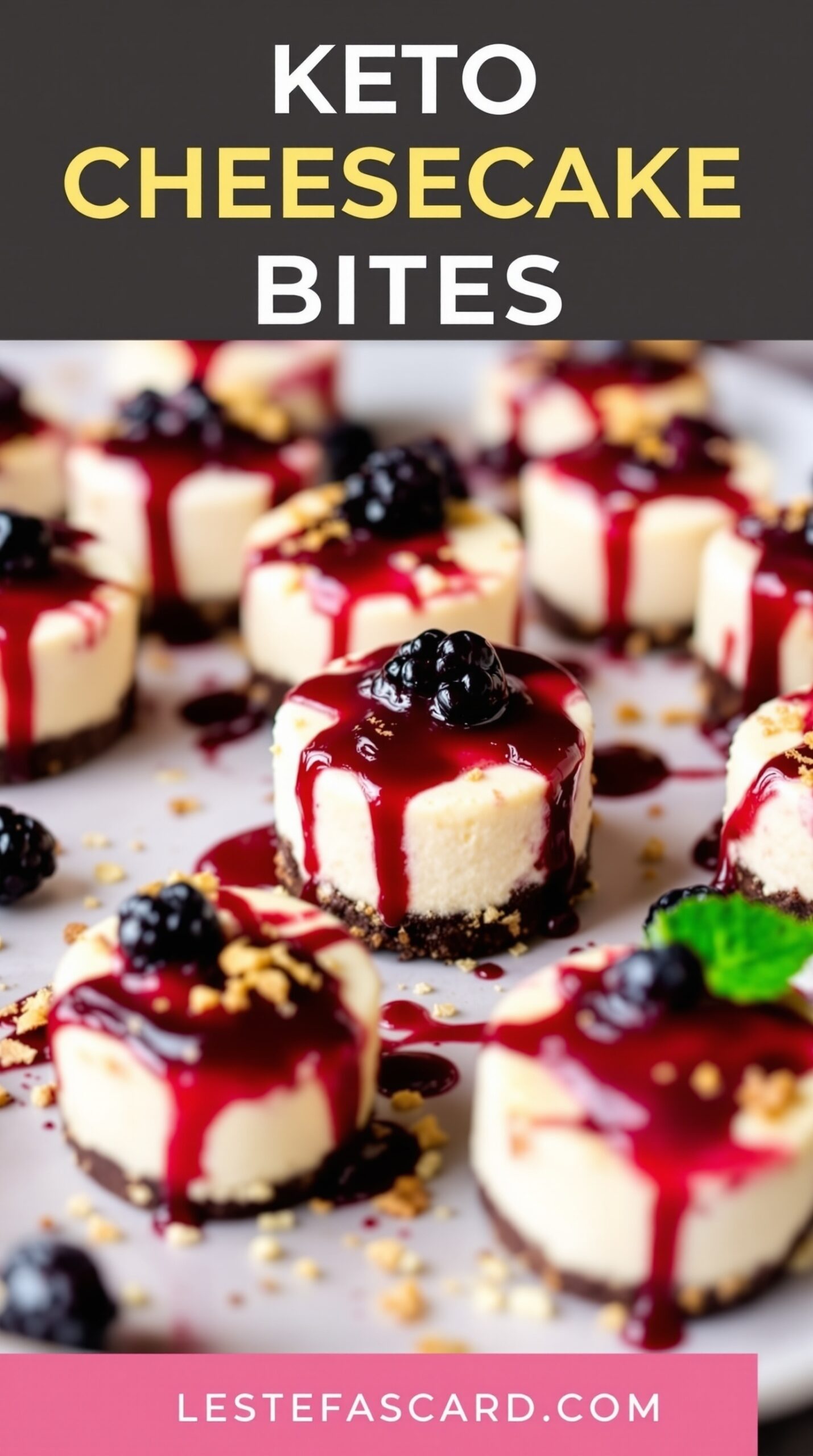 Delicious keto cheesecake bites topped with berry sauce and fresh berries.