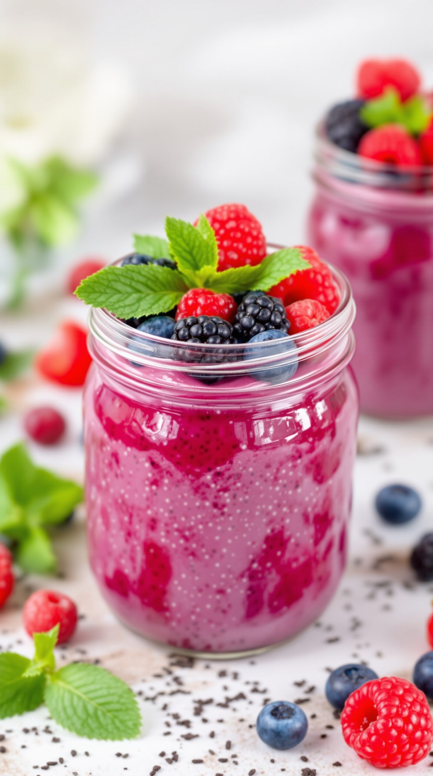 Berry Chia Seed Pudding in jars topped with fresh berries and mint leaves