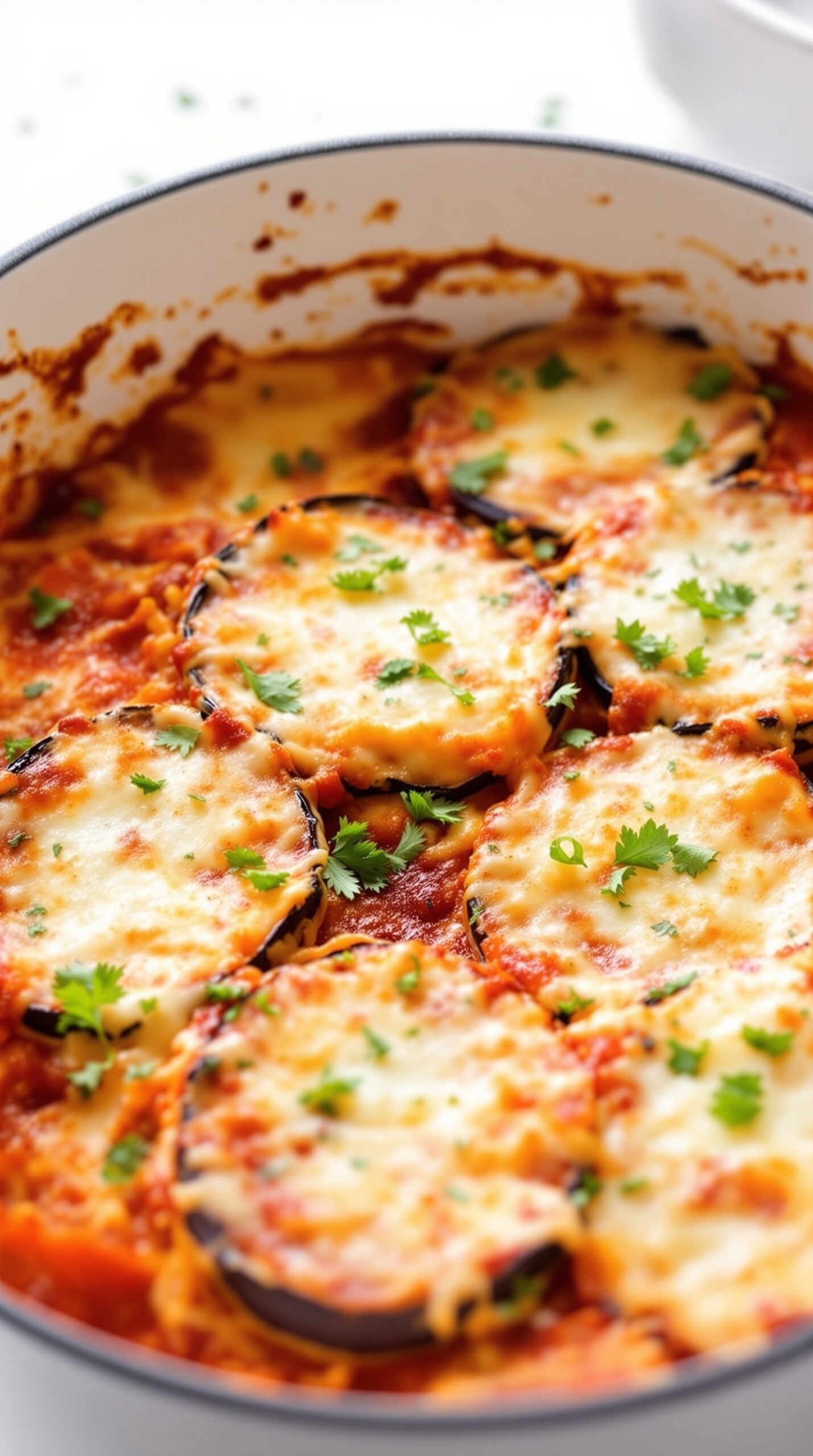 A delicious Eggplant Parmesan Bake with layers of eggplant, marinara sauce, and melted cheese, garnished with fresh herbs.