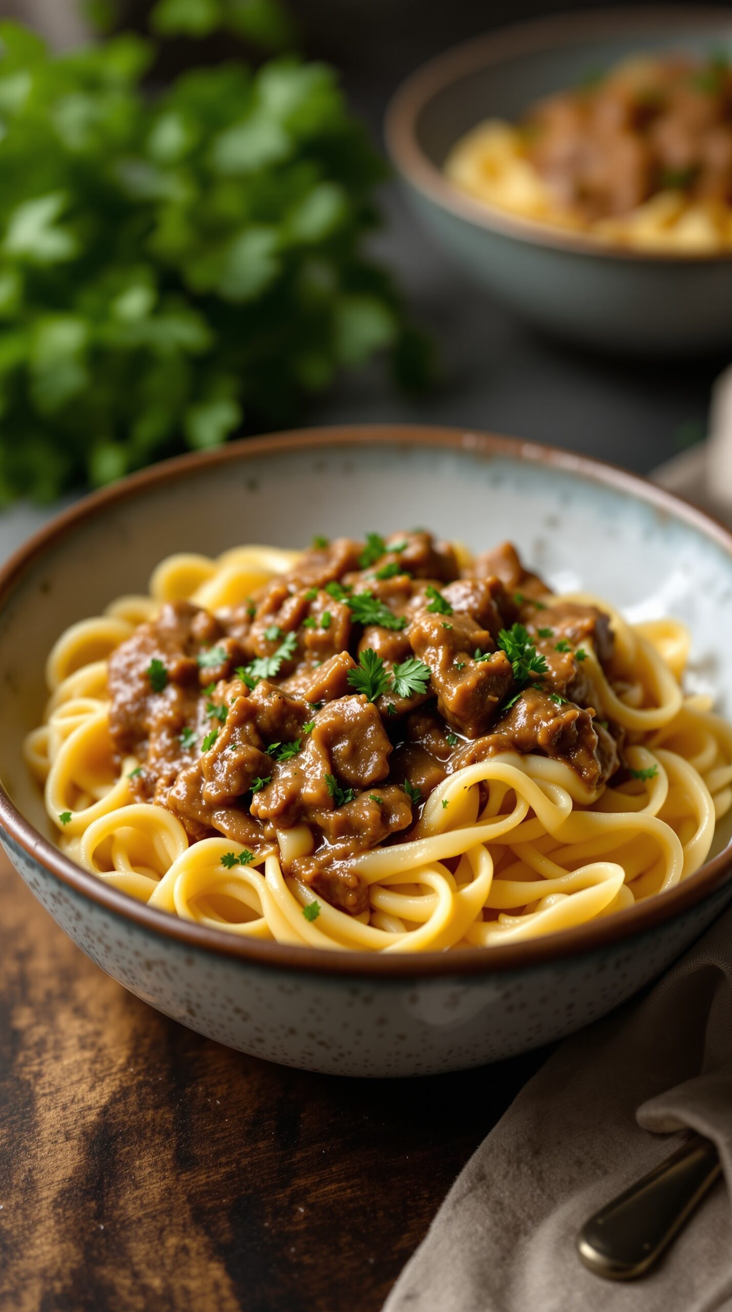 A bowl of beef stroganoff with noodles and parsley garnish