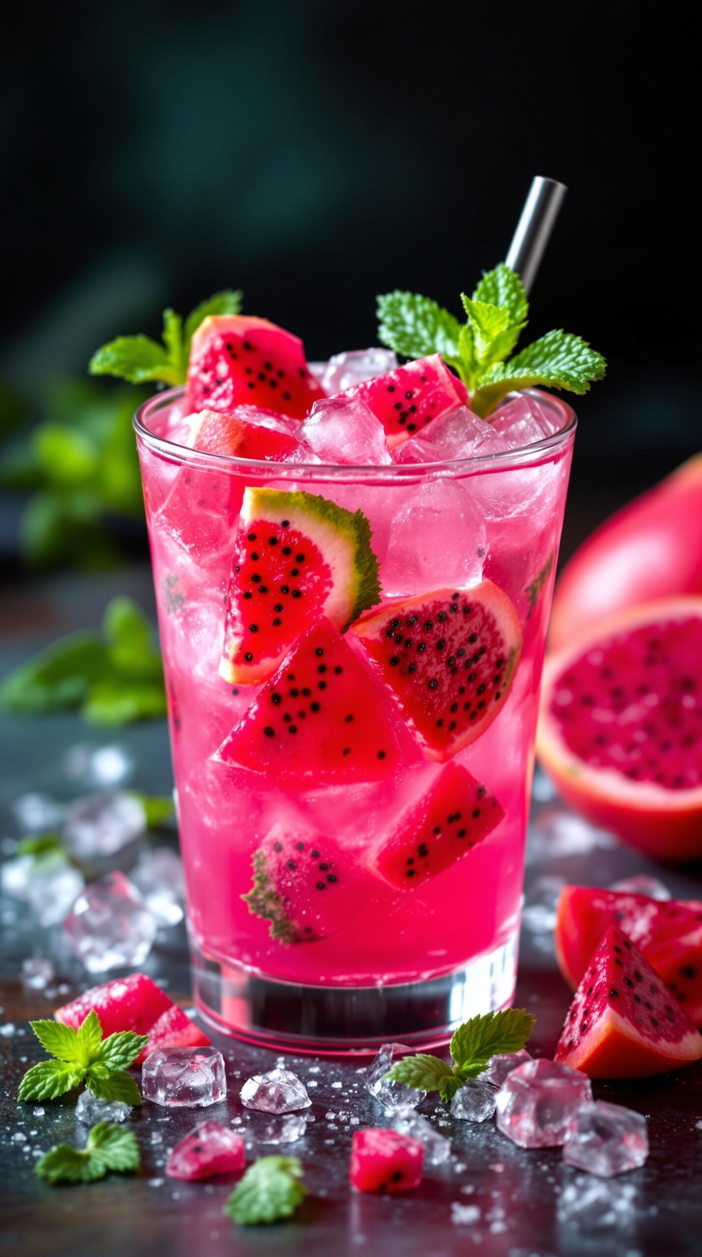 A vibrant pink drink made with dragonfruit, ice, and mint leaves, served in a glass.