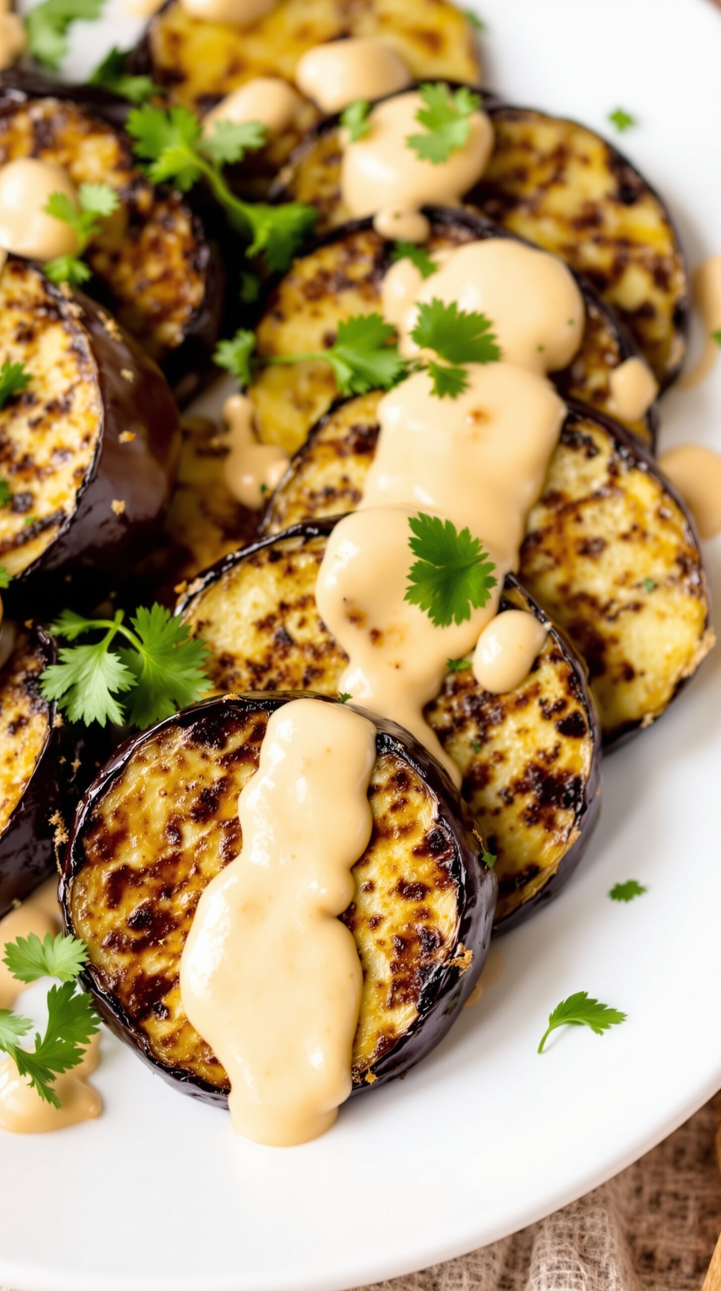Grilled eggplant slices topped with tahini sauce and garnished with cilantro