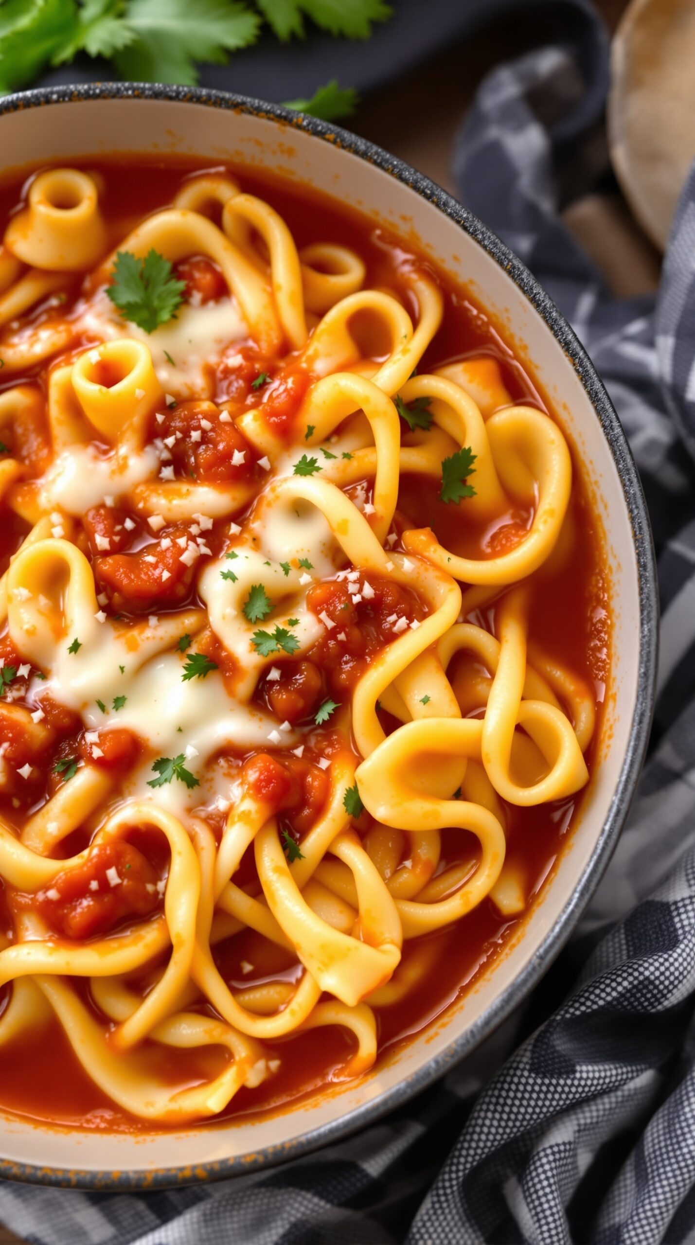 A bowl of lasagna soup with al dente pasta noodles, topped with cheese and herbs.