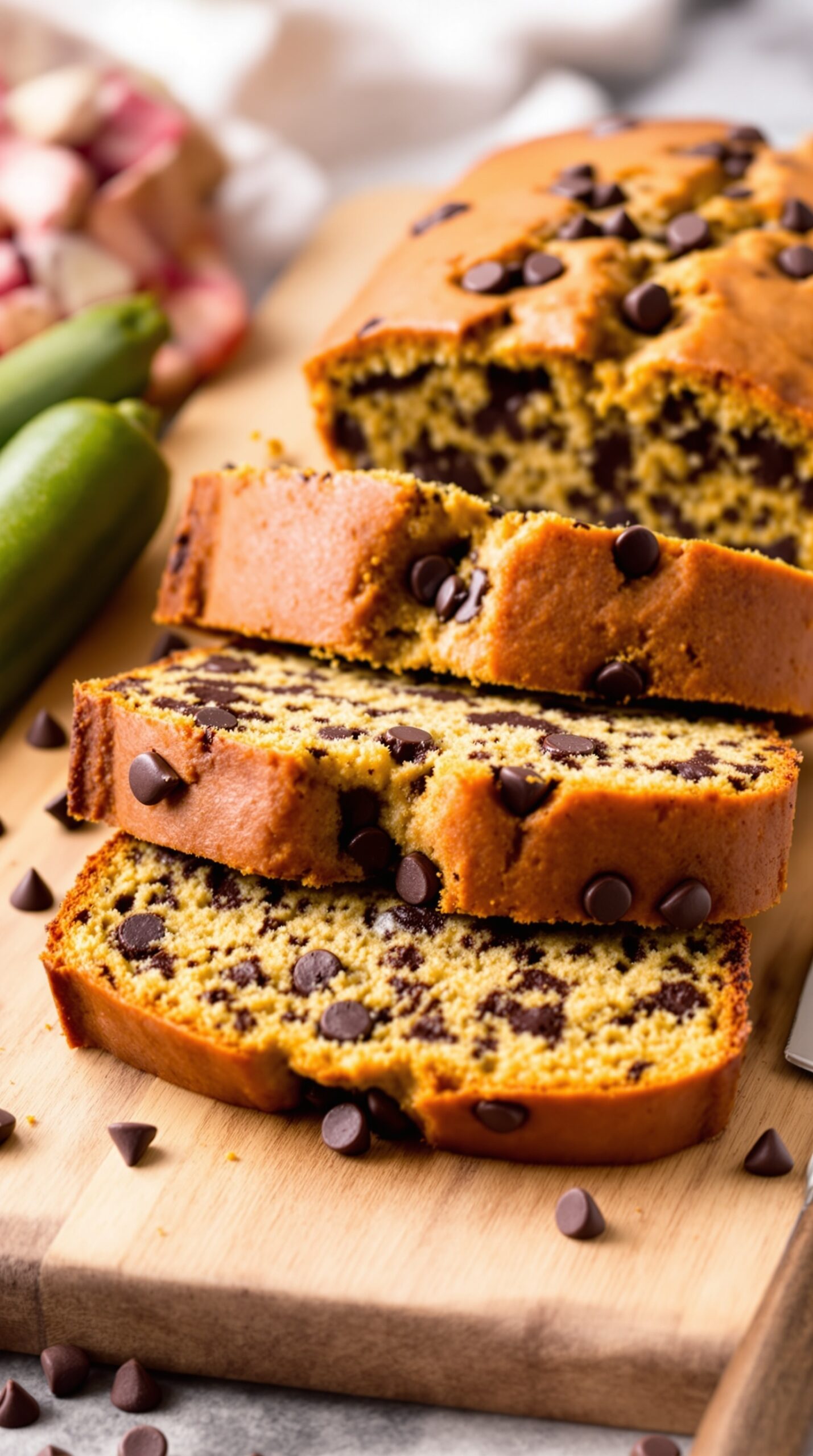 Sliced chocolate chip zucchini bread on a wooden board with chocolate chips scattered around.