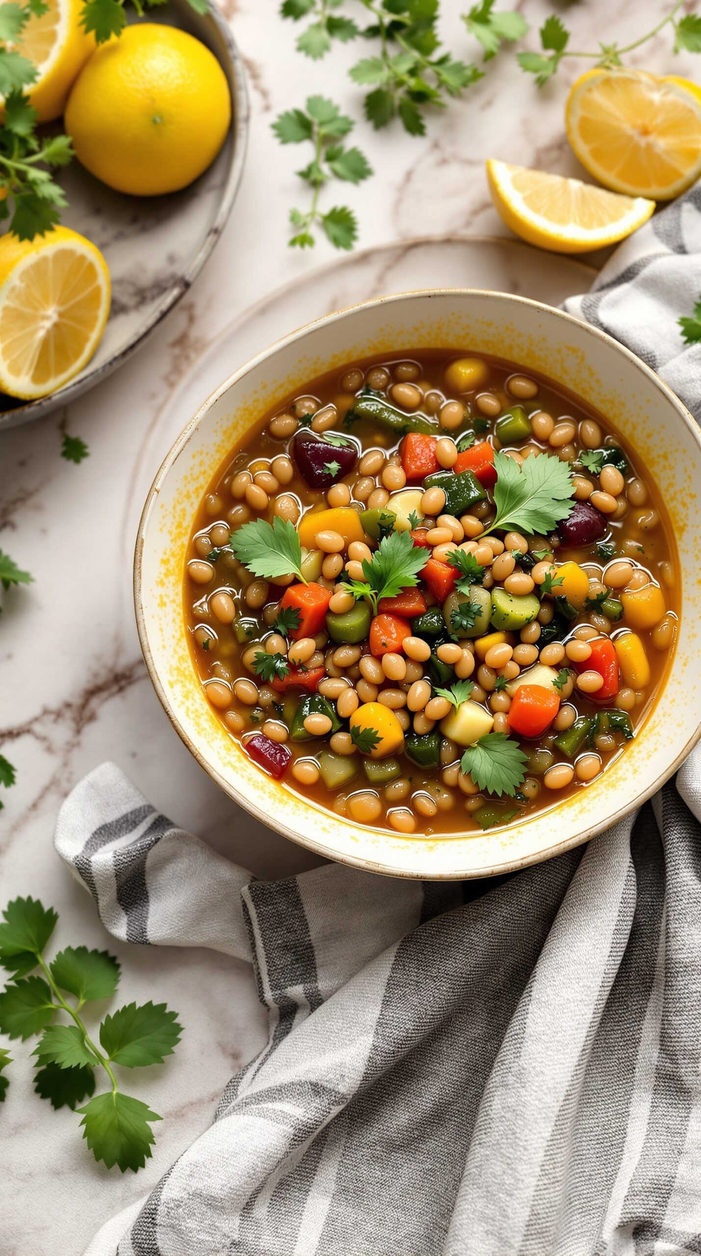 A bowl of Mediterranean lentil soup with colorful vegetables and herbs, garnished with lemon slices.