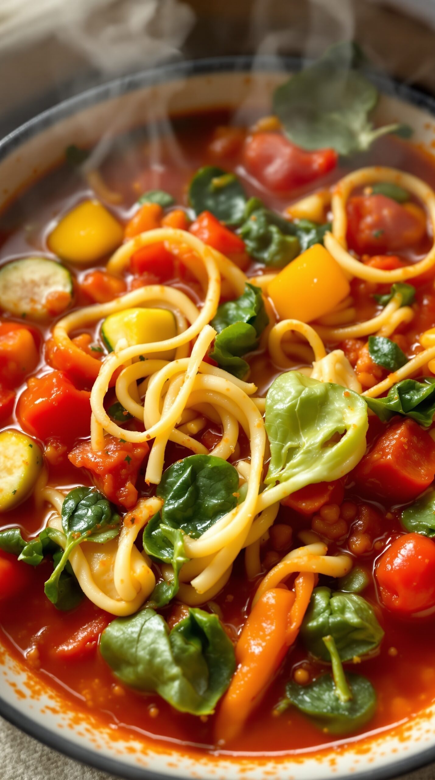 A bowl of lasagna soup filled with fresh vegetables and pasta, steaming hot.