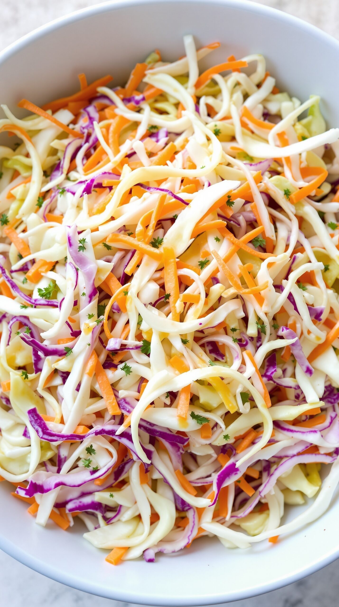 A colorful bowl of cabbage and carrot salad with lemon dressing