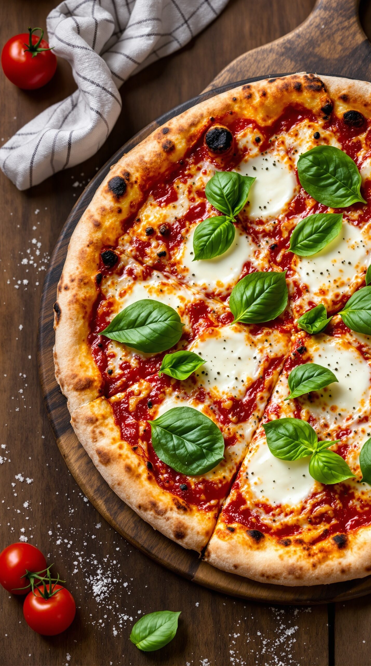 A classic Margherita pizza topped with fresh basil leaves, mozzarella cheese, and tomato sauce, served on a wooden board.