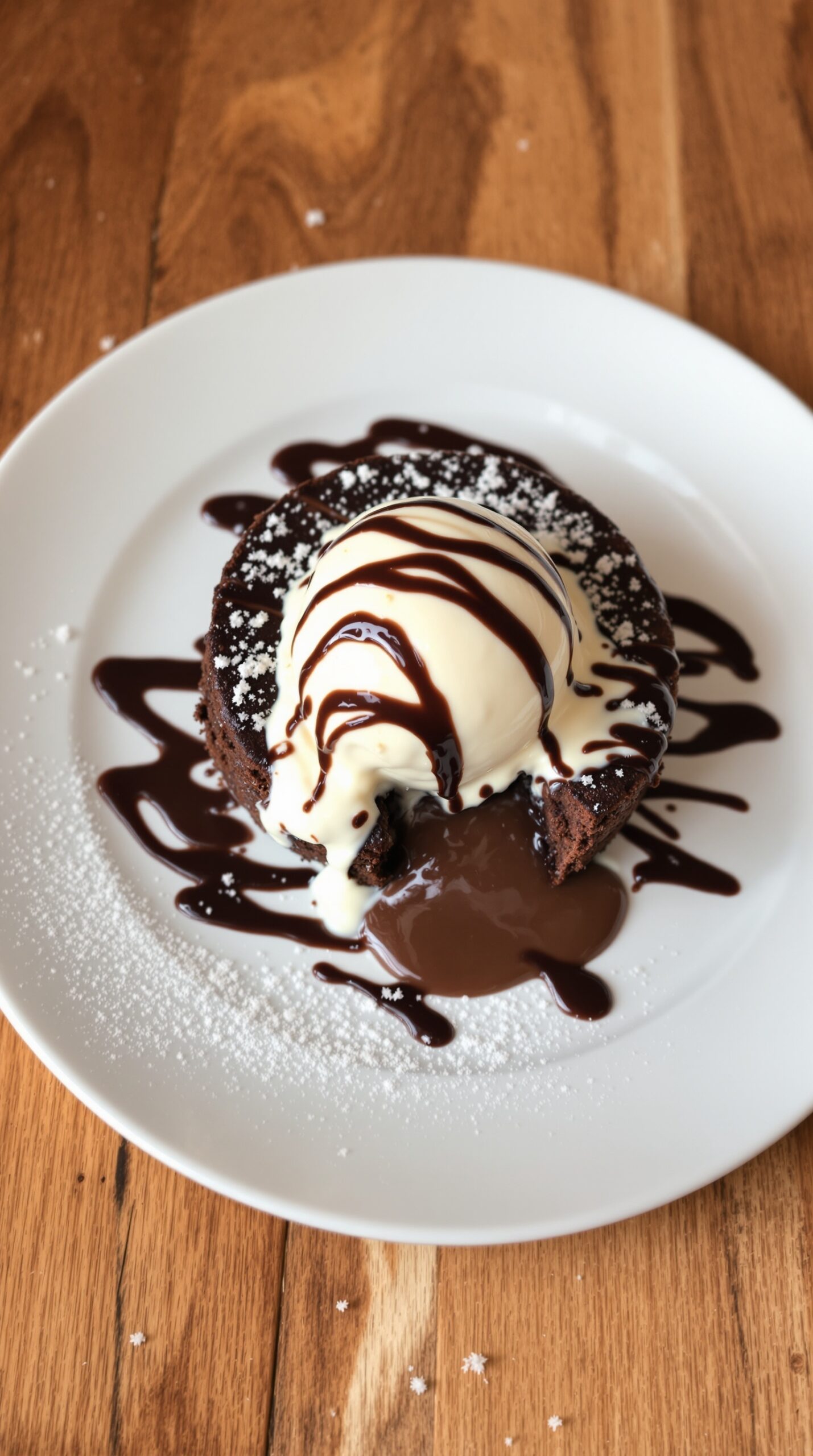 A delicious chocolate lava cake topped with vanilla ice cream and chocolate sauce.