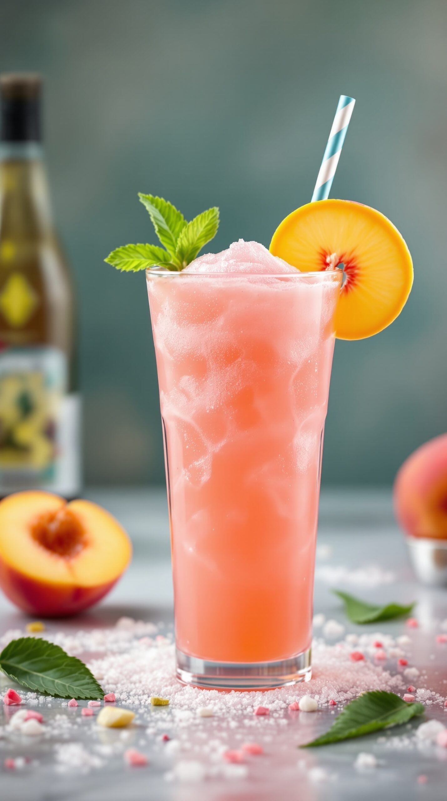 A refreshing Peachy Pink Lemonade Slush in a tall glass, garnished with a peach slice and mint leaves.