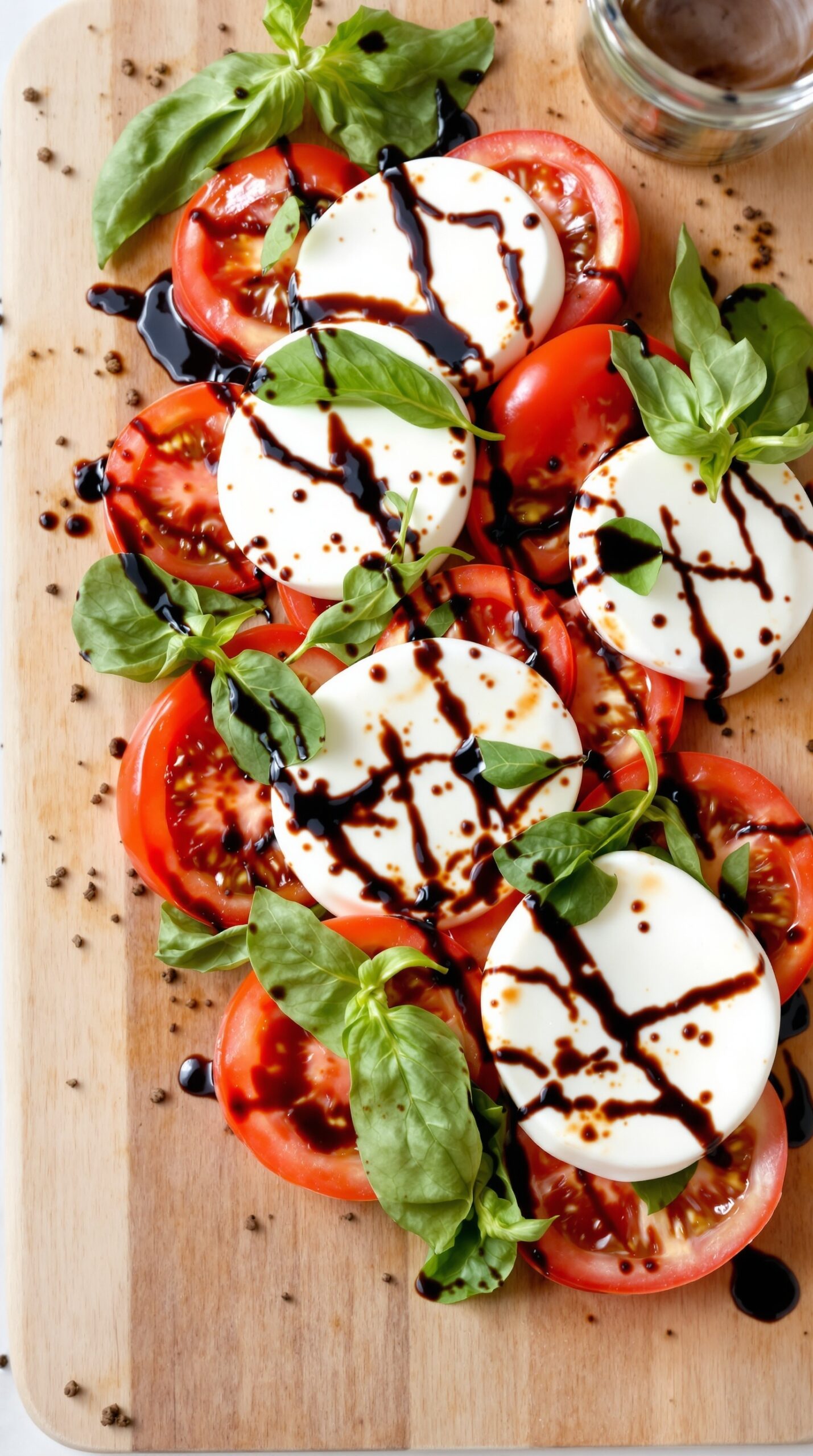 Caprese salad with tomatoes, mozzarella, basil, and balsamic glaze on a wooden board.
