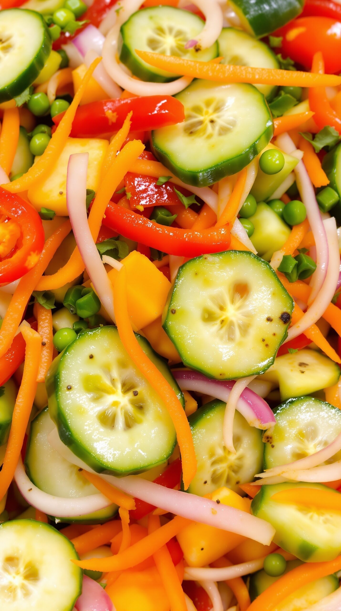 A colorful Asian cucumber salad with sliced cucumbers, bell peppers, carrots, and red onions.