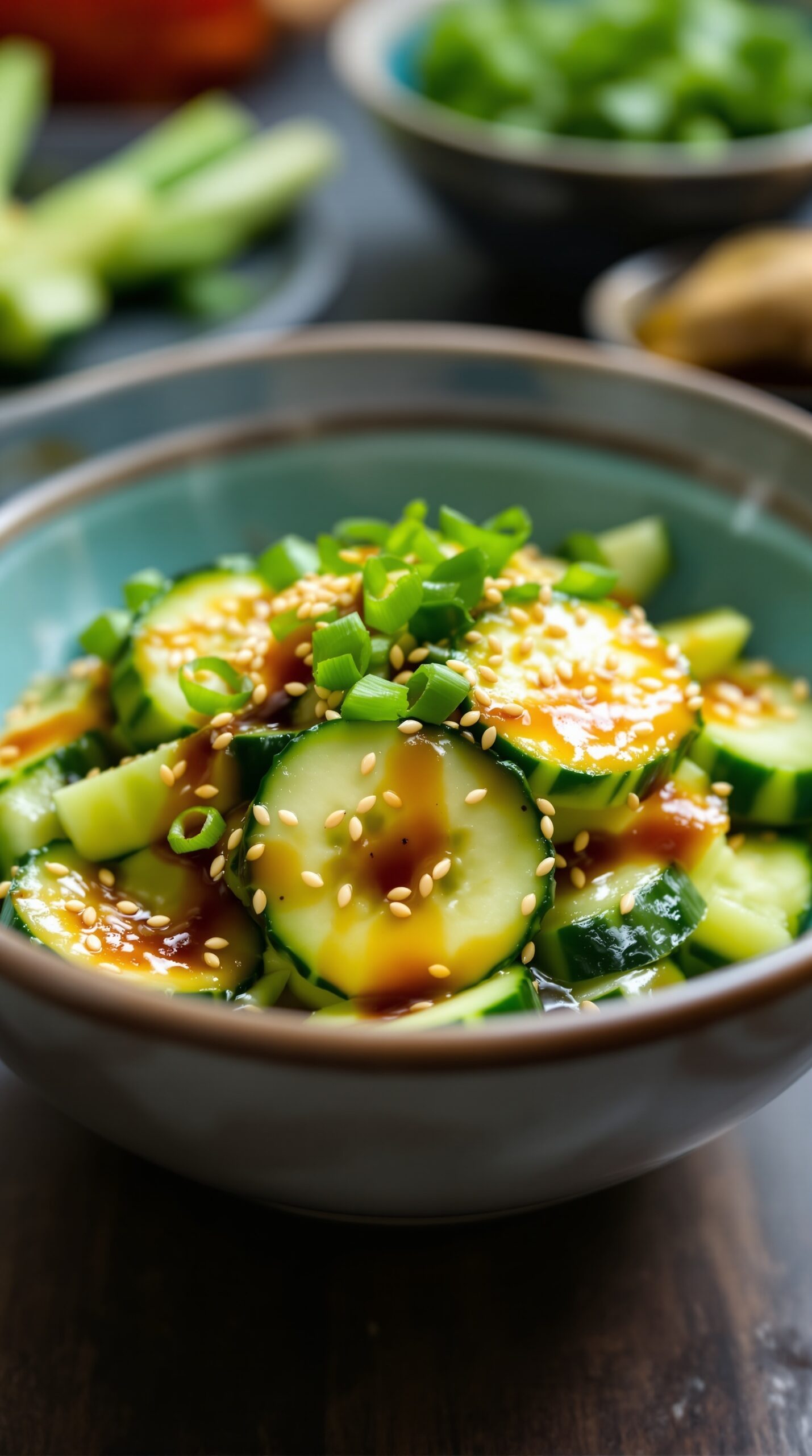 A bowl of Asian cucumber salad with sesame soy dressing, topped with sesame seeds and green onions.