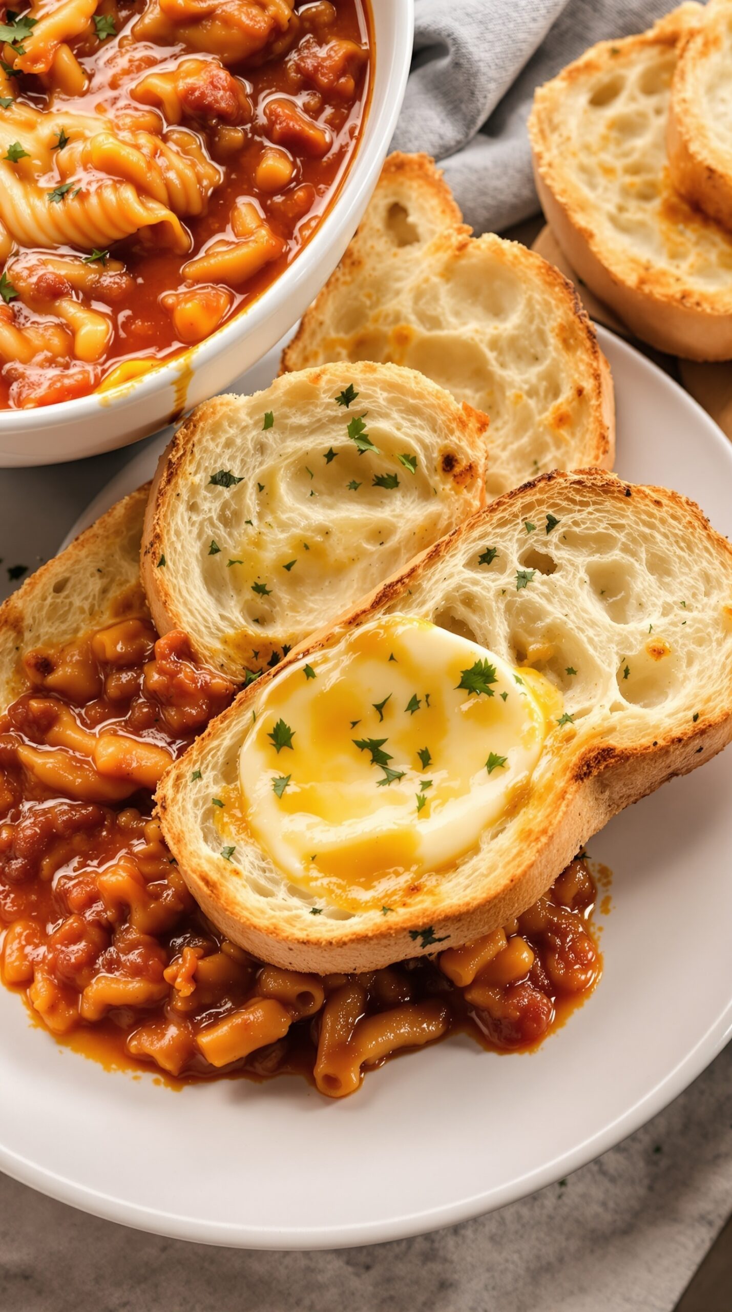 A bowl of lasagna soup with crusty garlic bread on the side, showcasing a delicious pairing.