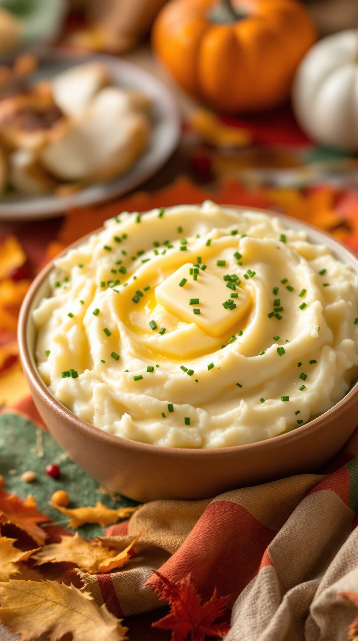 A bowl of creamy garlic mashed potatoes topped with butter and chives, surrounded by autumn leaves and pumpkins.