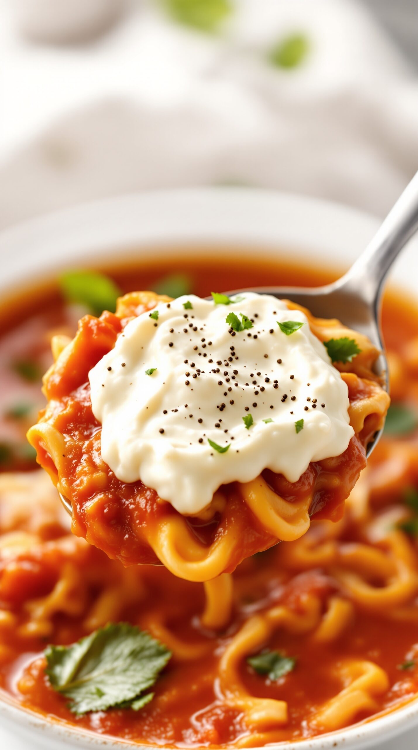A spoonful of lasagna soup topped with creamy ricotta and herbs
