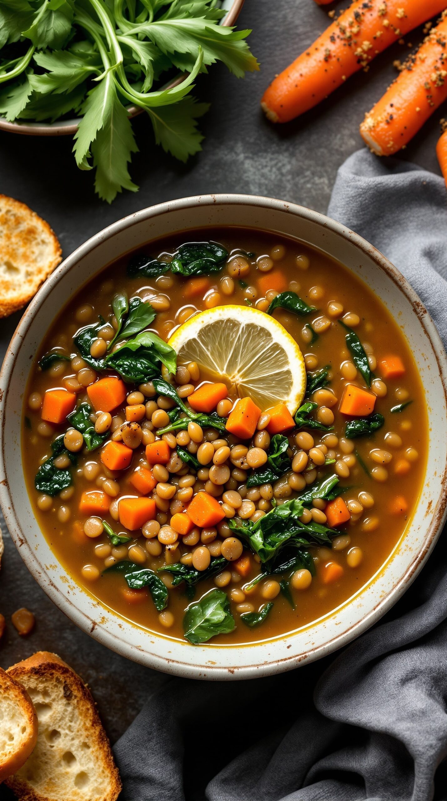 A bowl of lentil soup with spinach and carrots, garnished with a slice of lemon, surrounded by fresh ingredients.