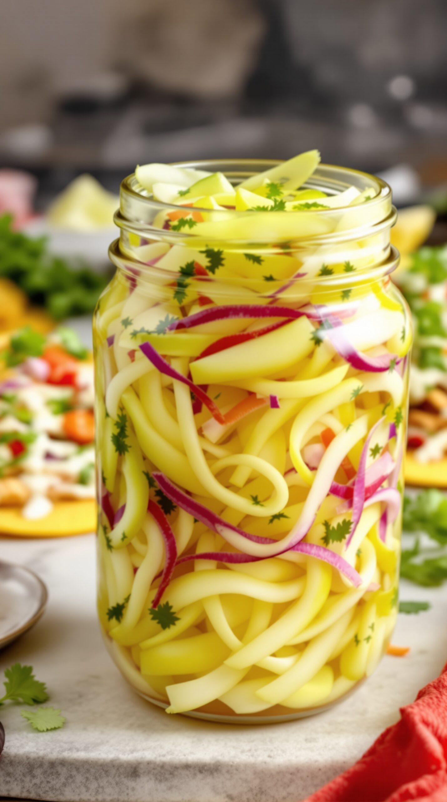 A jar of pickled cabbage with colorful vegetables, perfect for tacos.