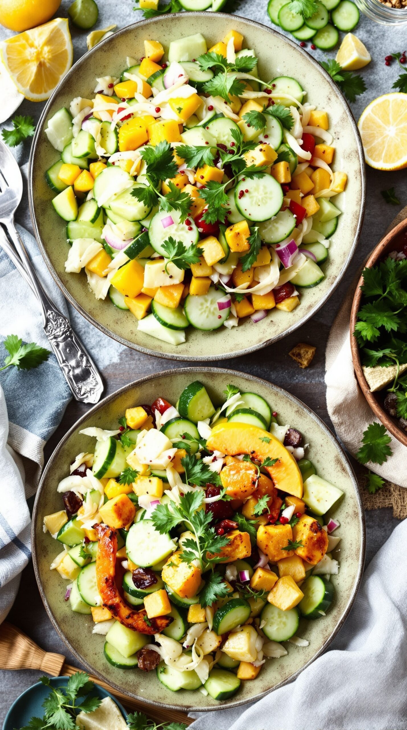 A colorful cucumber salad with mango, red onion, and cilantro in a bowl.