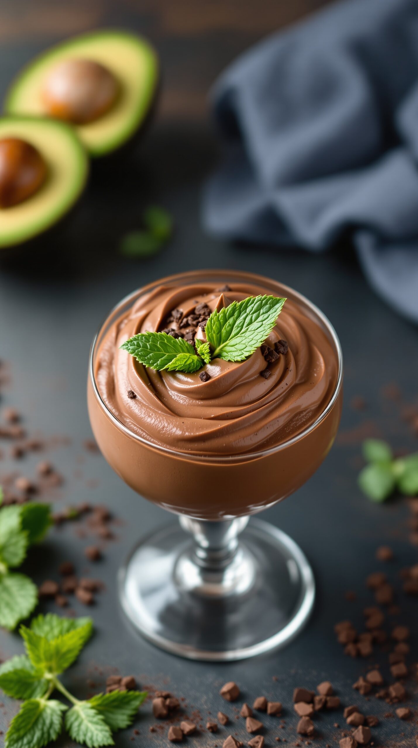 A glass of chocolate avocado mousse topped with mint leaves and chocolate shavings, with avocados in the background.