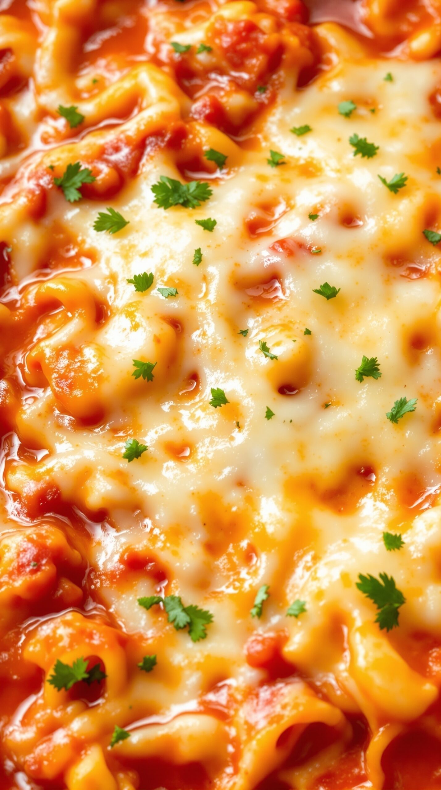 A close-up of lasagna soup with melted cheese and herbs on top.