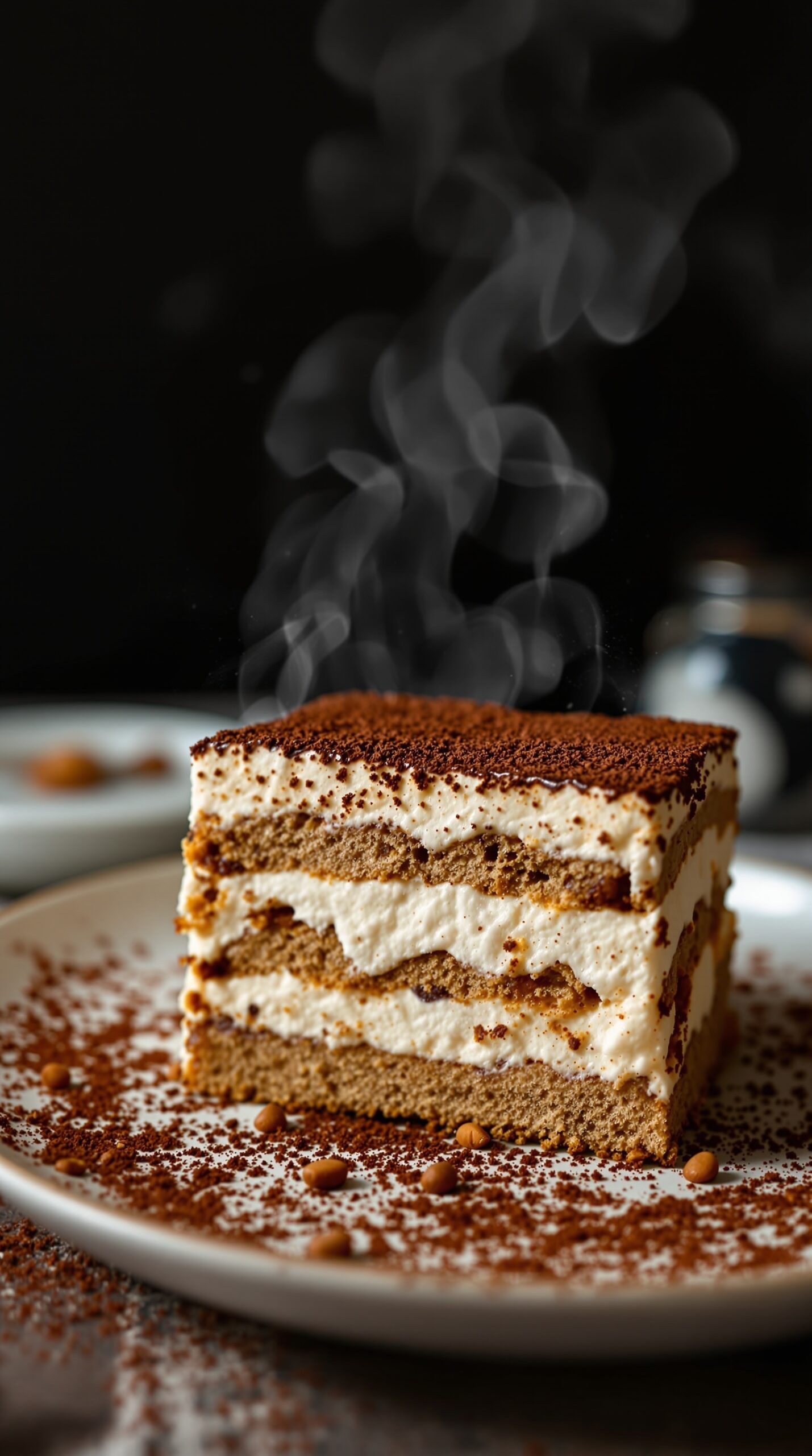A slice of classic tiramisu with espresso layers, dusted with cocoa powder, on a plate.