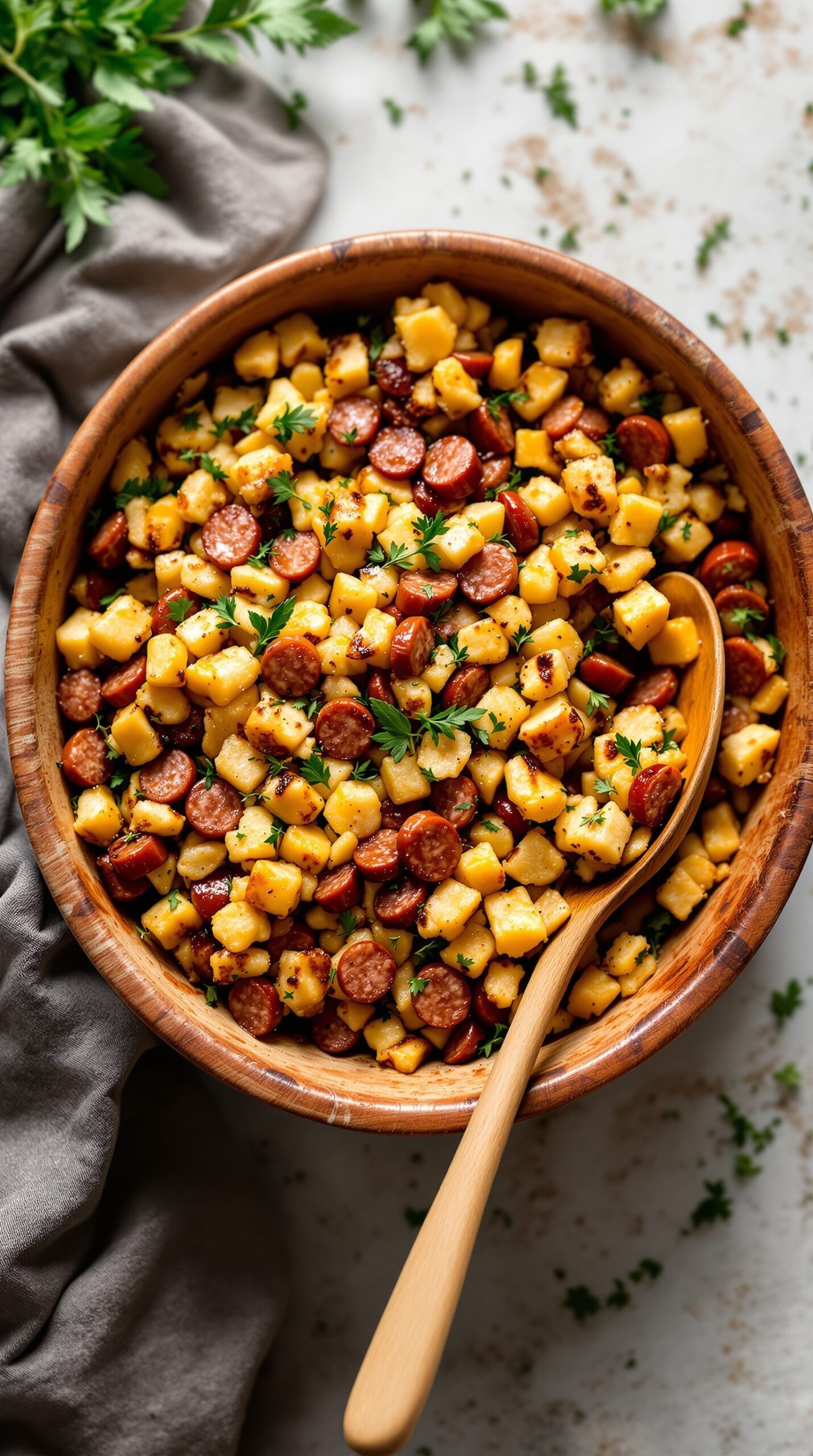 Bowl of savory stuffing with sausage and herbs, garnished with parsley.