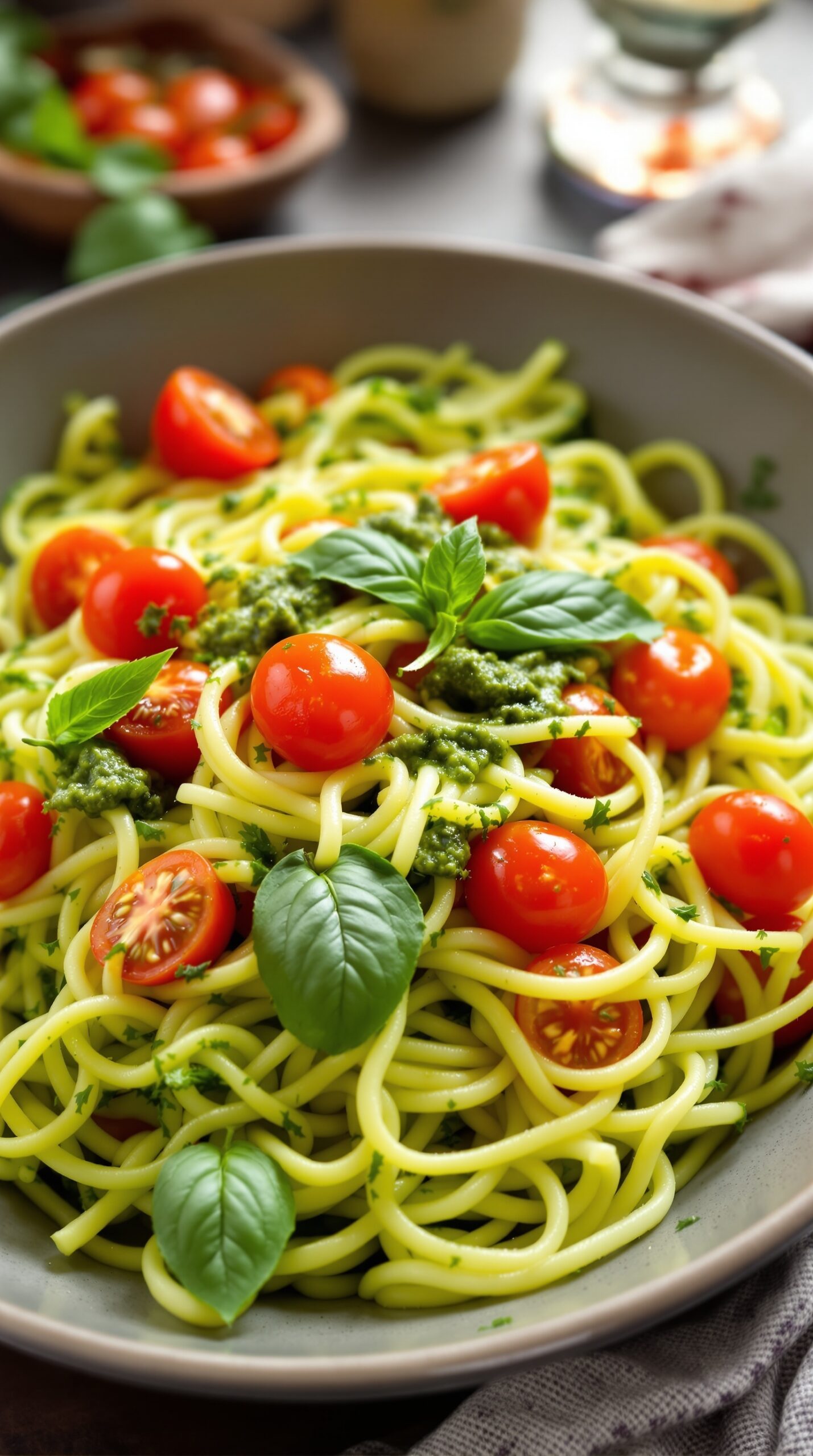 A bowl of zucchini noodles topped with pesto and cherry tomatoes, garnished with fresh basil.