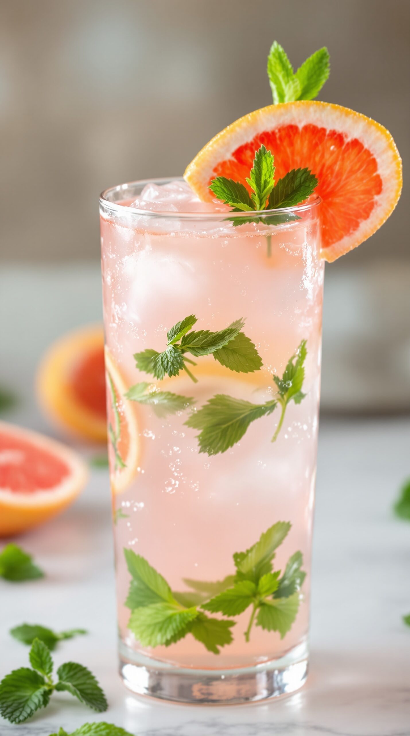 A refreshing Pink Grapefruit Mojito with mint leaves and a slice of grapefruit.
