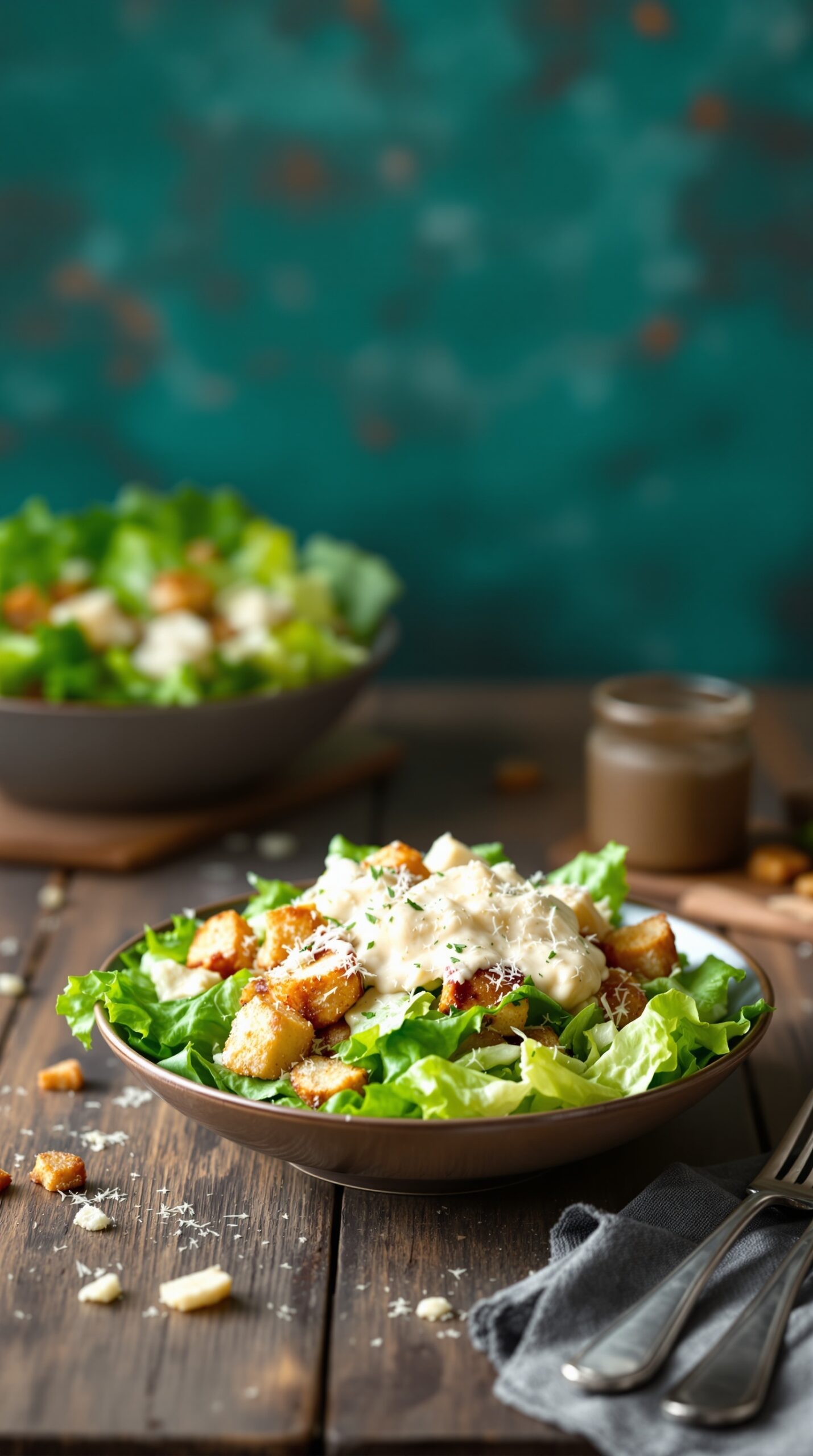 A classic Caesar salad with croutons and creamy dressing on a wooden table.