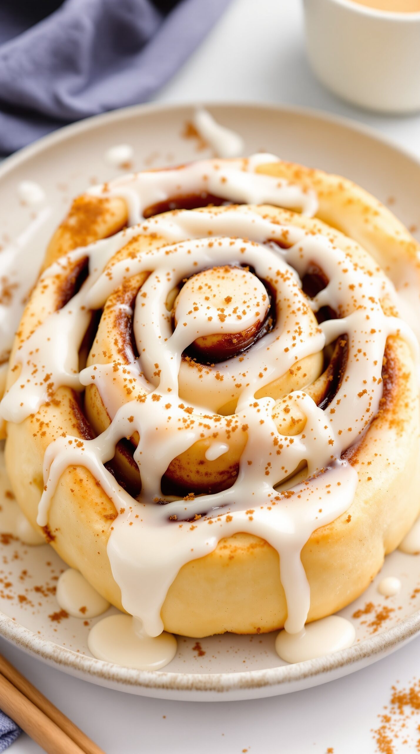 A close-up of a cinnamon roll topped with cream cheese icing and a sprinkle of cinnamon.