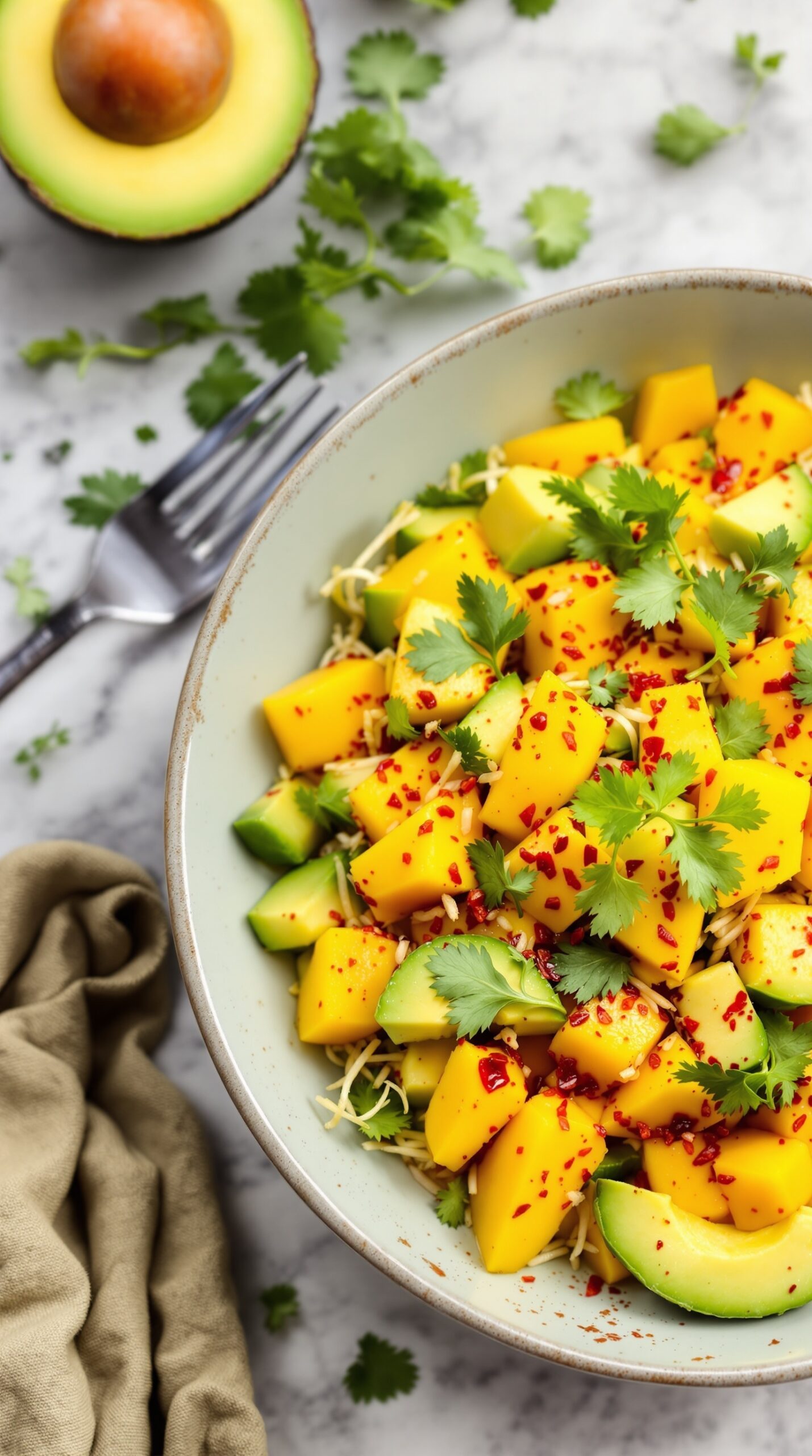 A vibrant bowl of Spicy Mango Avocado Salad with diced mango, avocado, cucumber, and cilantro, topped with red chili flakes.