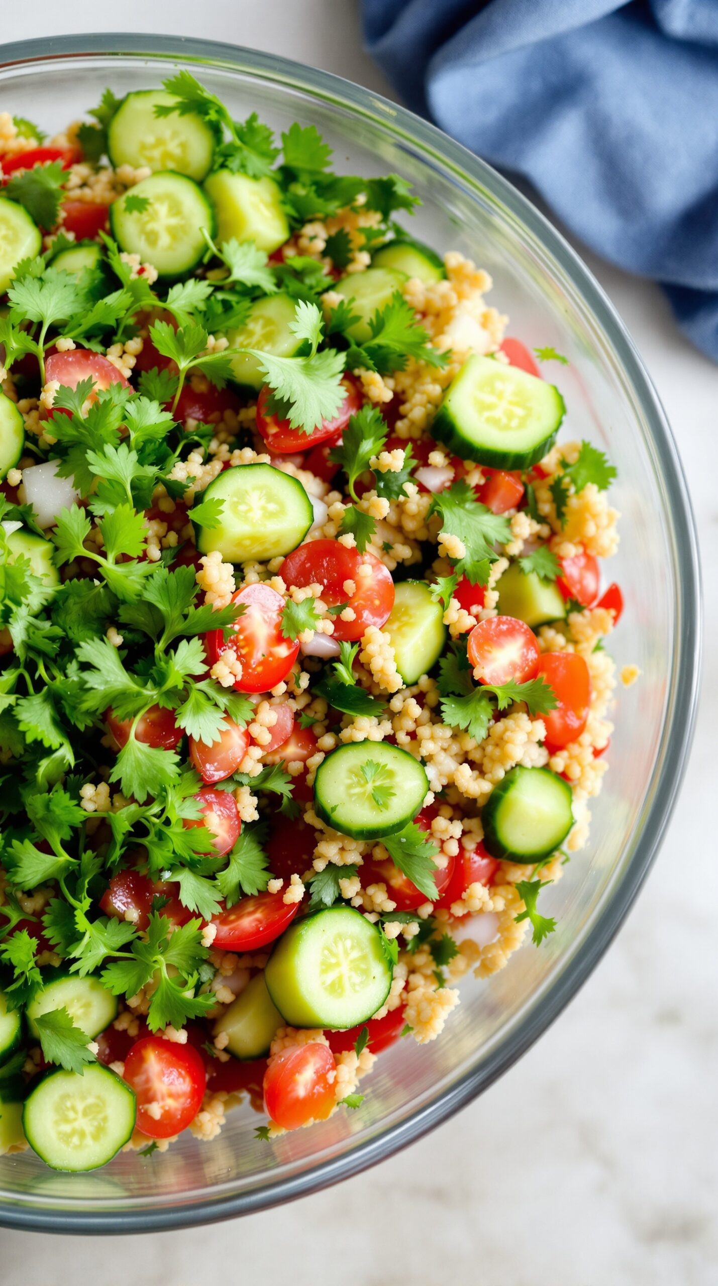 A colorful bowl of cucumber and tomato tabbouleh salad with fresh herbs.