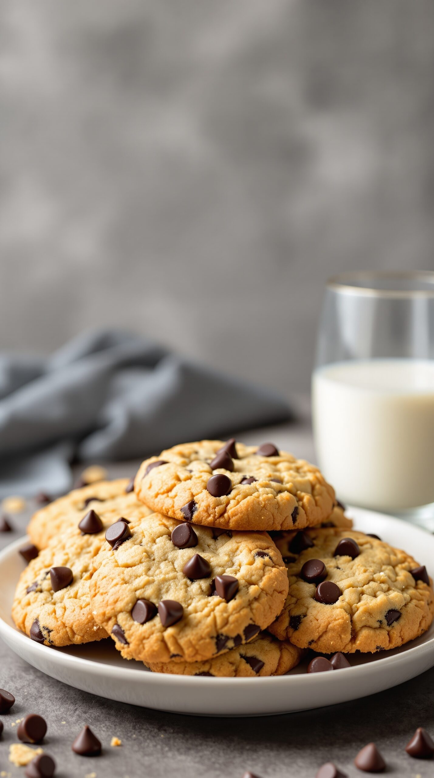 Plate of almond flour cookies with chocolate chips and a glass of milk